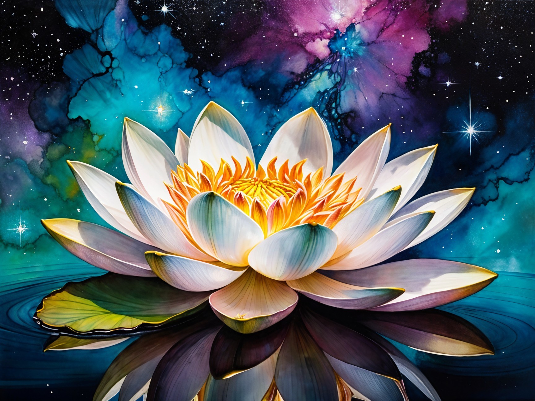 Water Lily on Cosmic Background with Vibrant Colors
