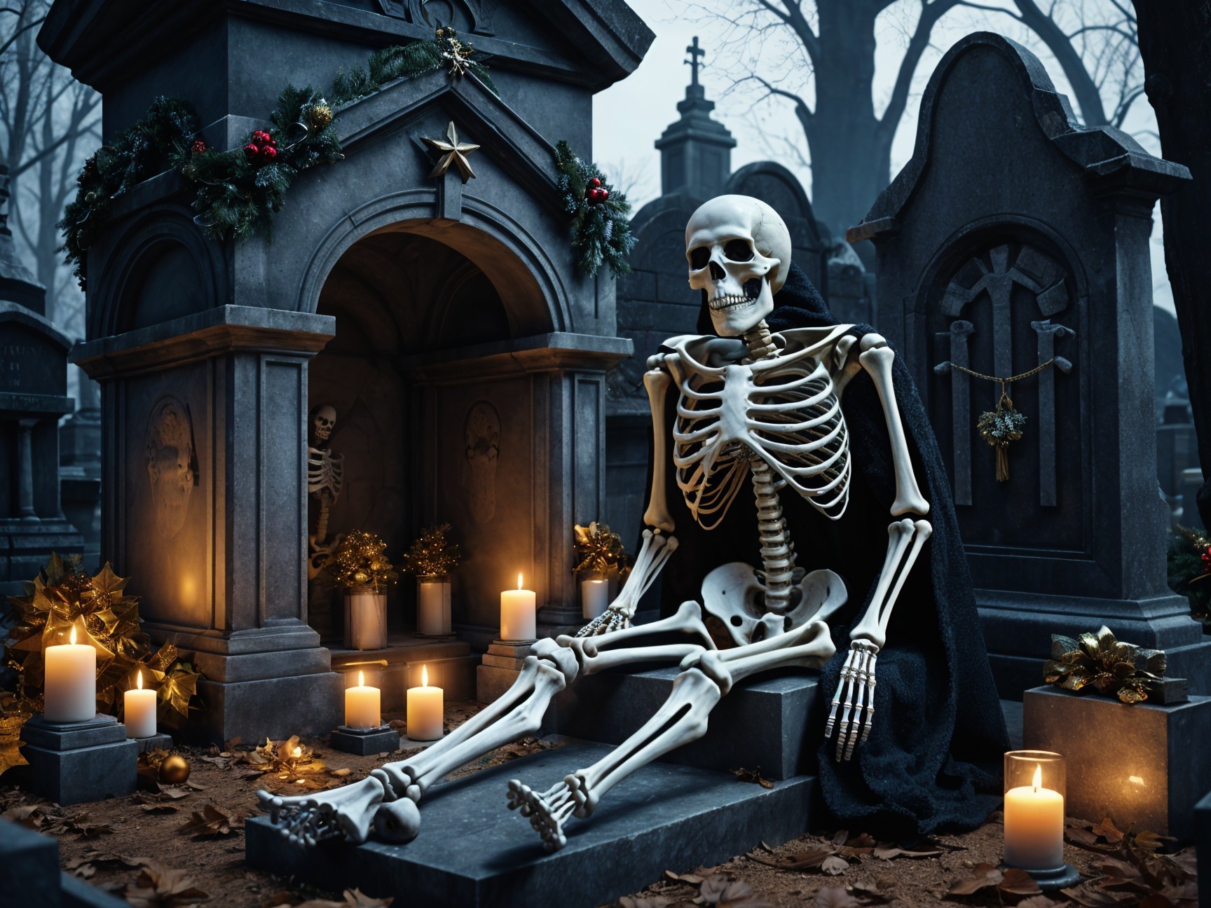 Skeleton in Cape Surrounded by Candles and Decorations