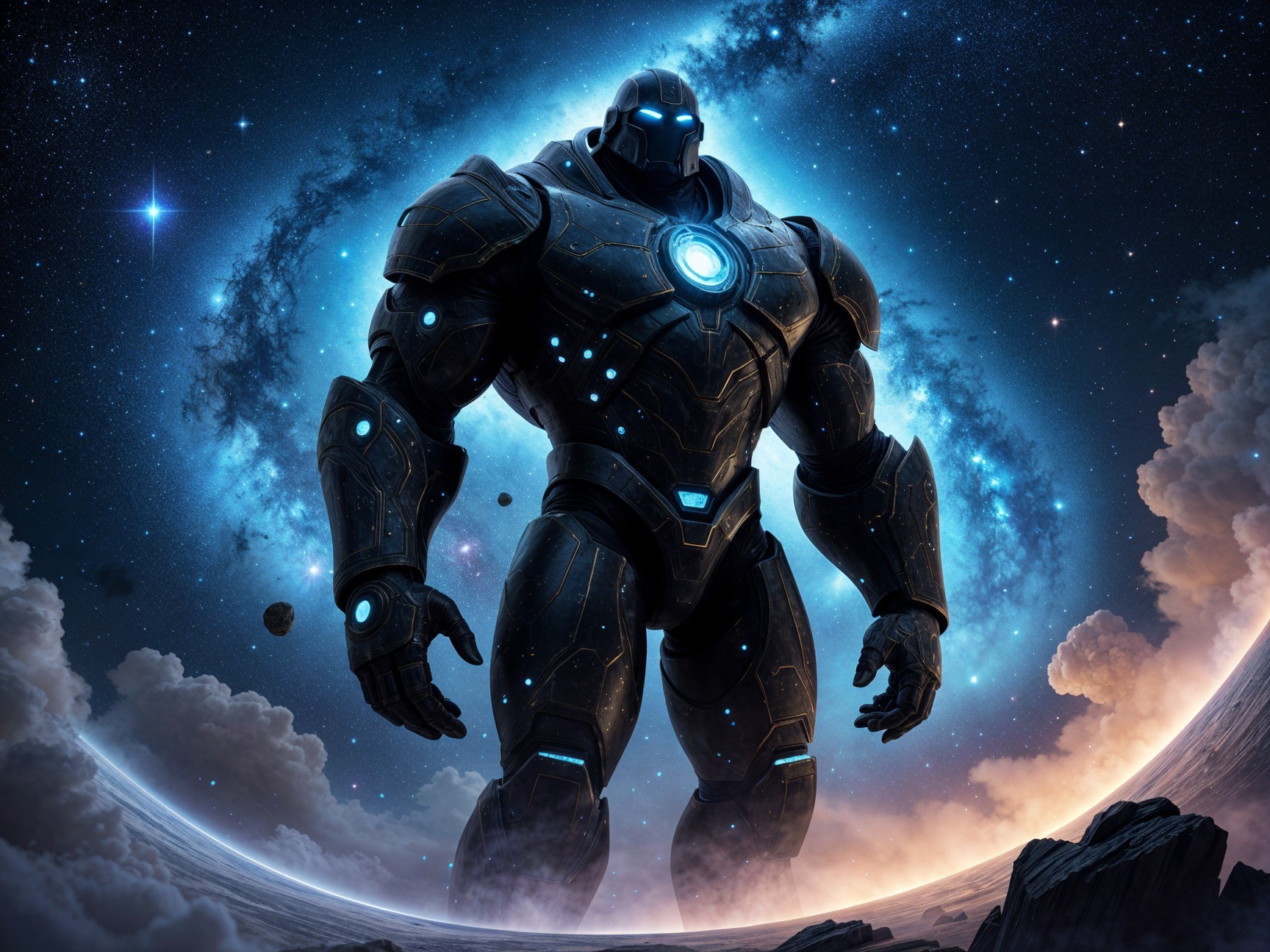 Colossal Armored Robot Against Cosmic Backdrop