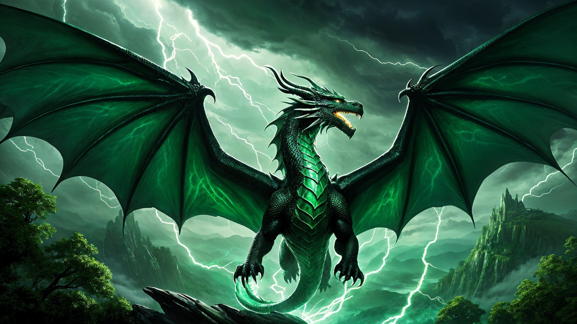 Majestic green dragon with wings in stormy sky