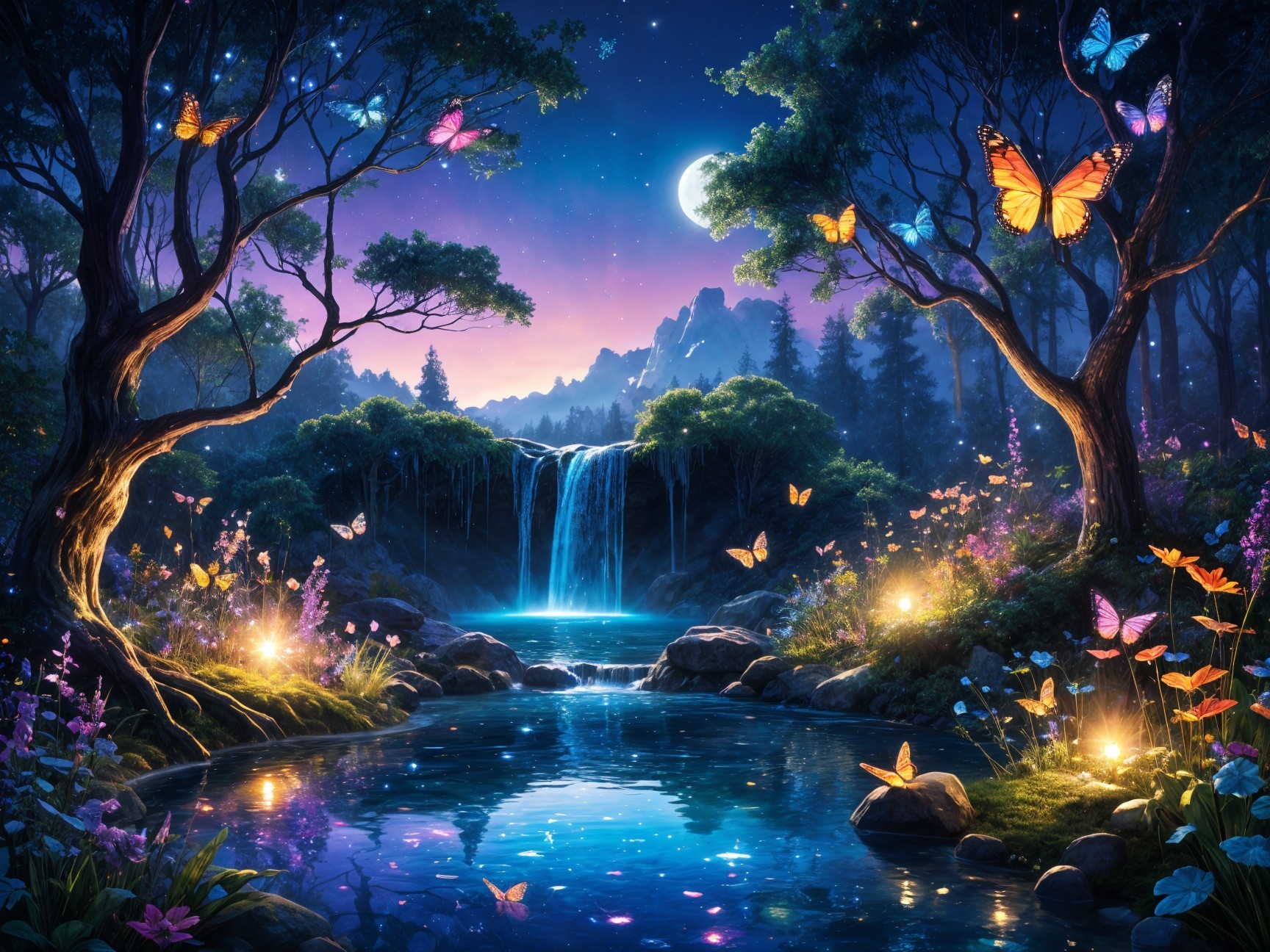 Serene Landscape with Waterfall and Twilight Sky