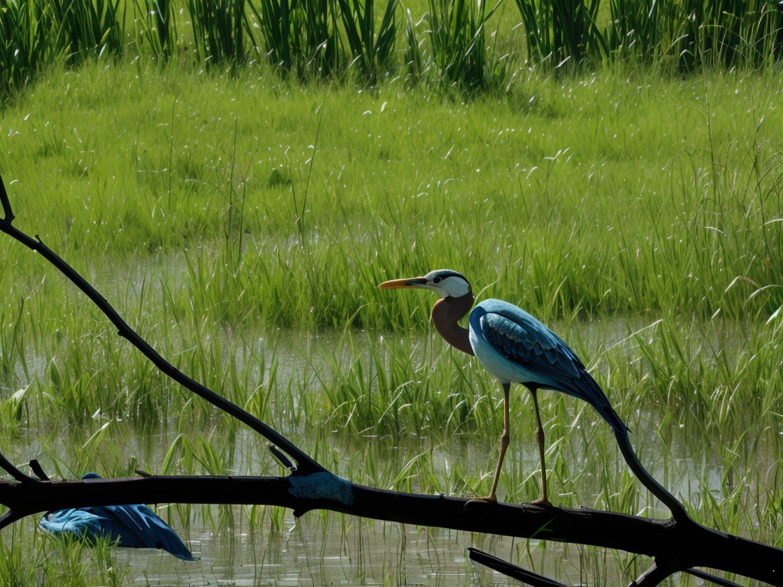 Bird on Branch in Lush Green Rice Paddy Landscape