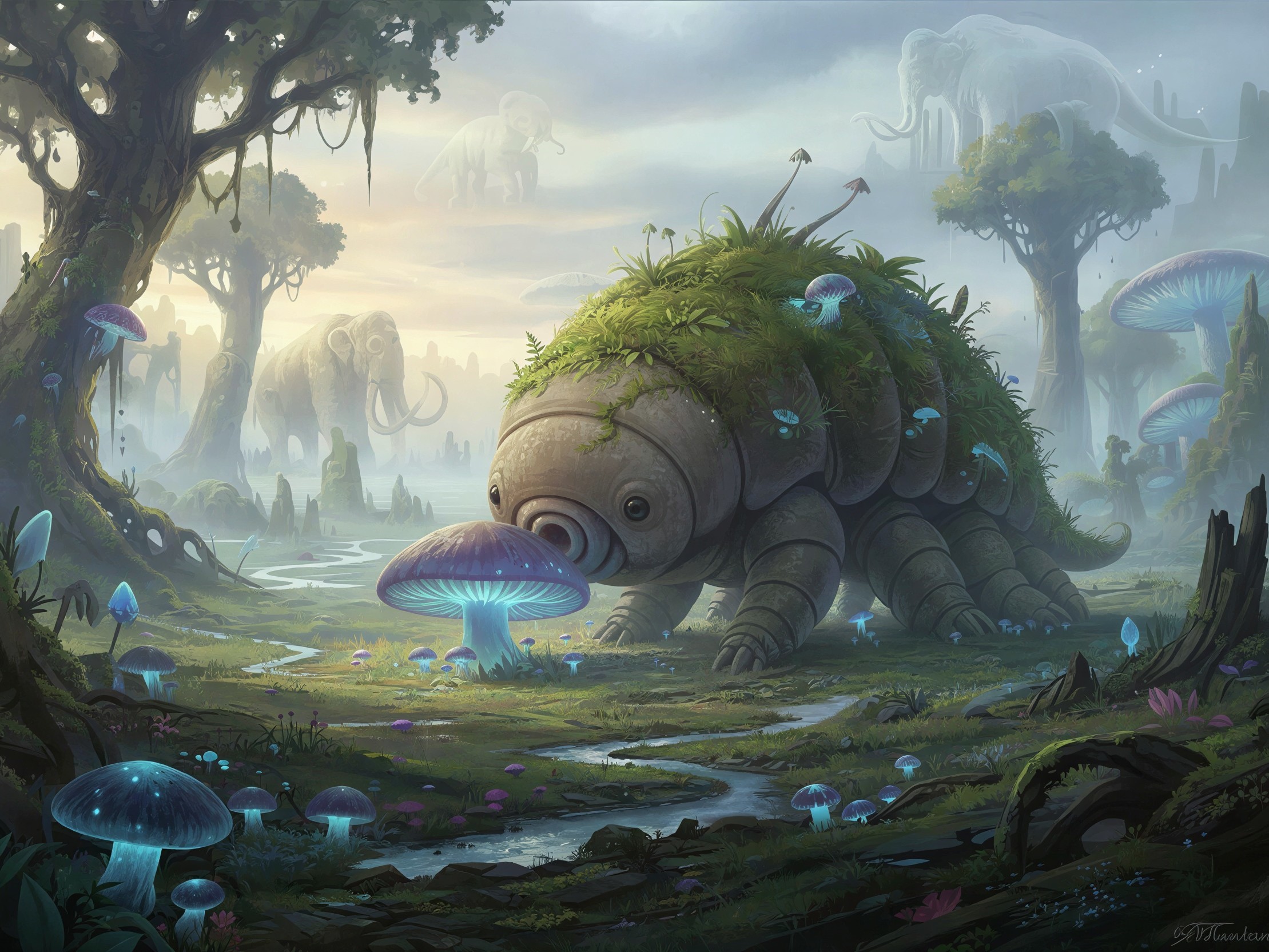 Fantasy Landscape with Mossy Creature and Ethereal Elephants