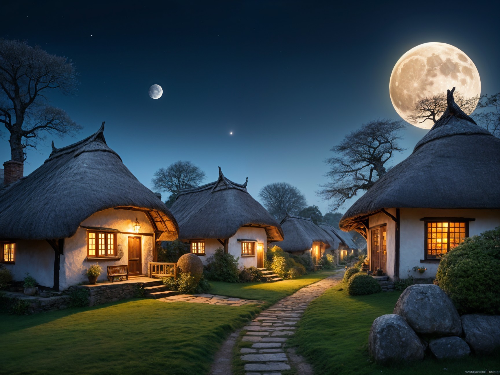 Nighttime Village Scene with Cottages and Moonlight