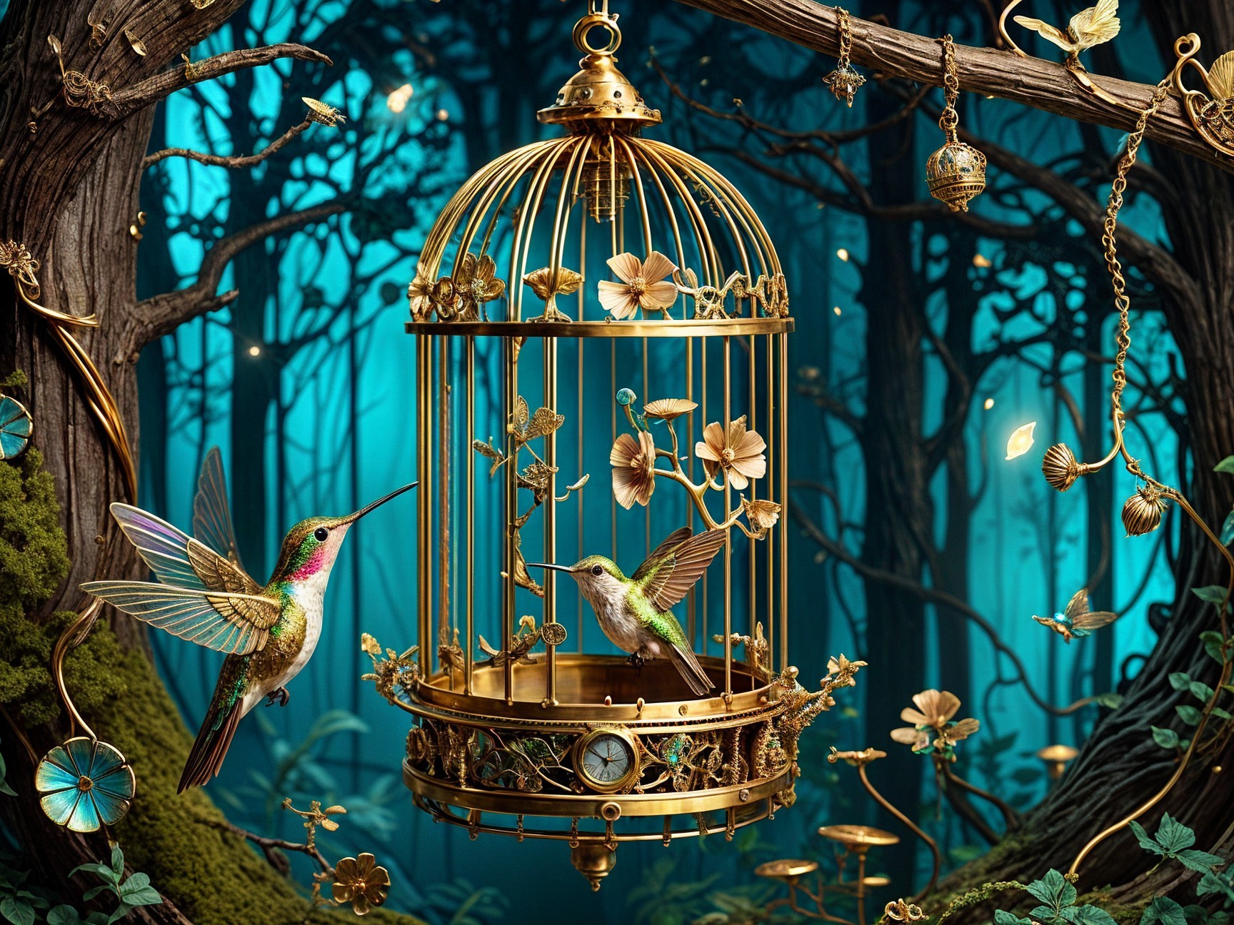 Golden birdcage with hummingbirds in misty forest