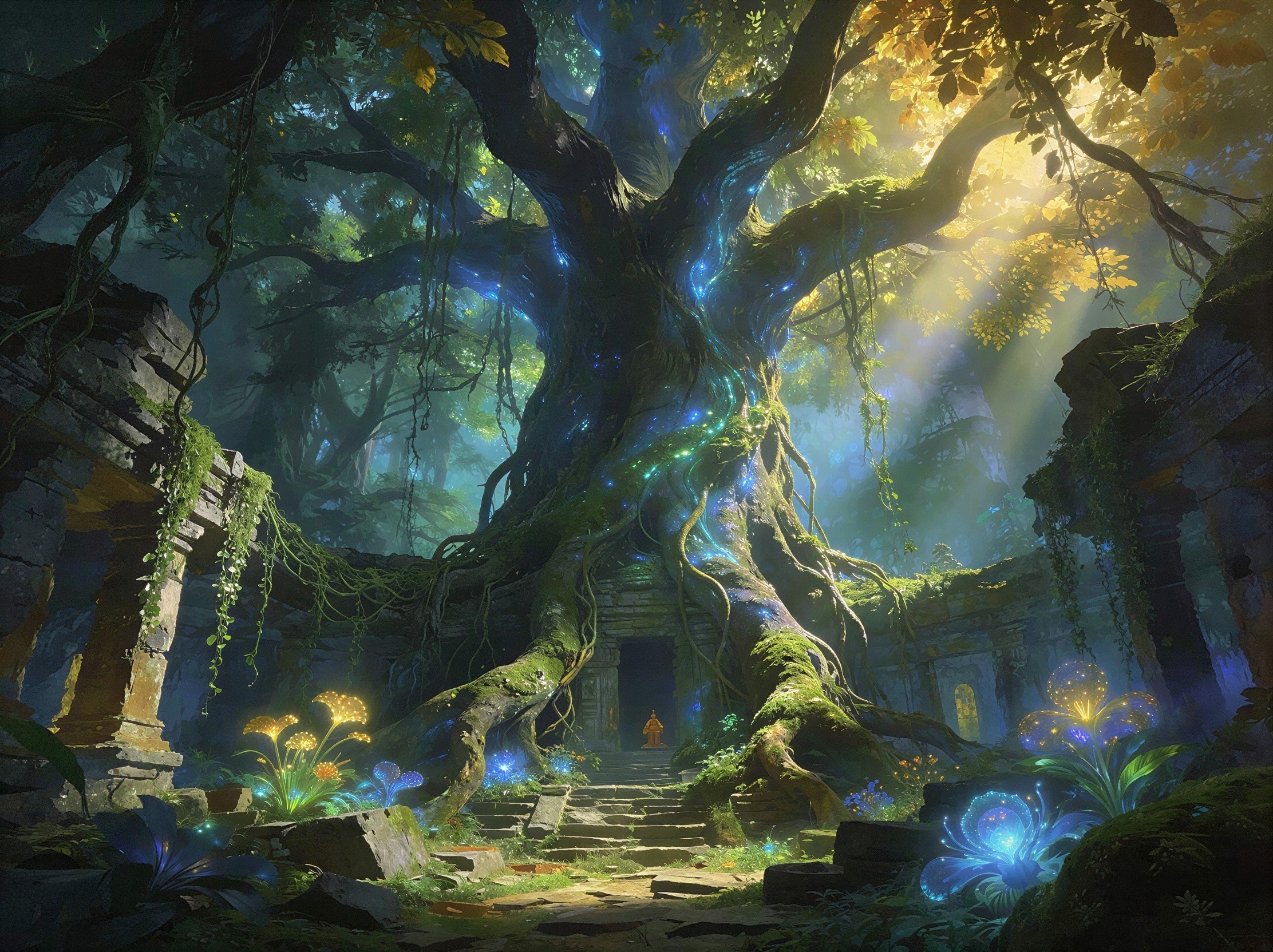 Mystical forest scene with ancient tree and ruins
