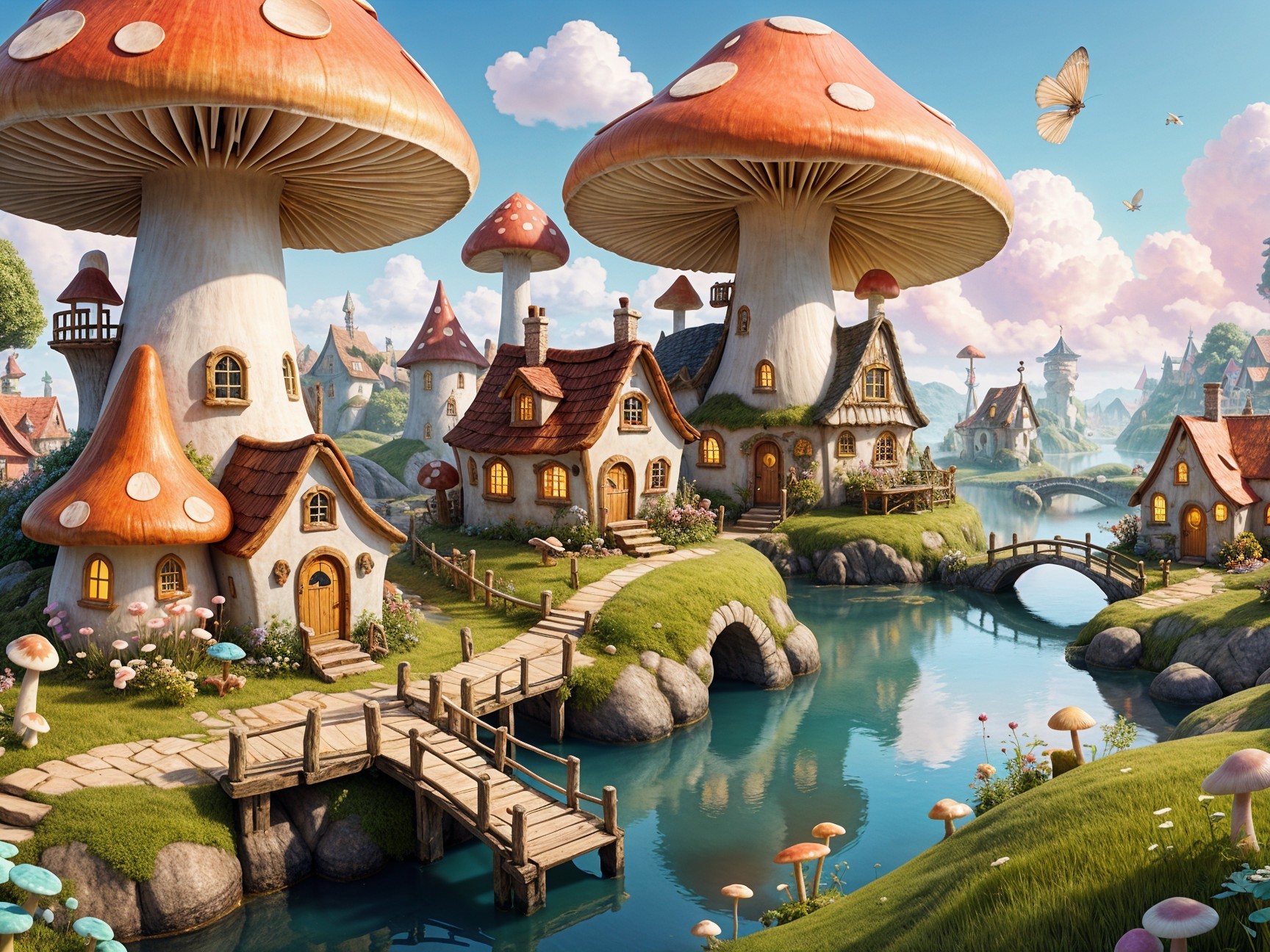 Whimsical Village with Colorful Mushrooms and River