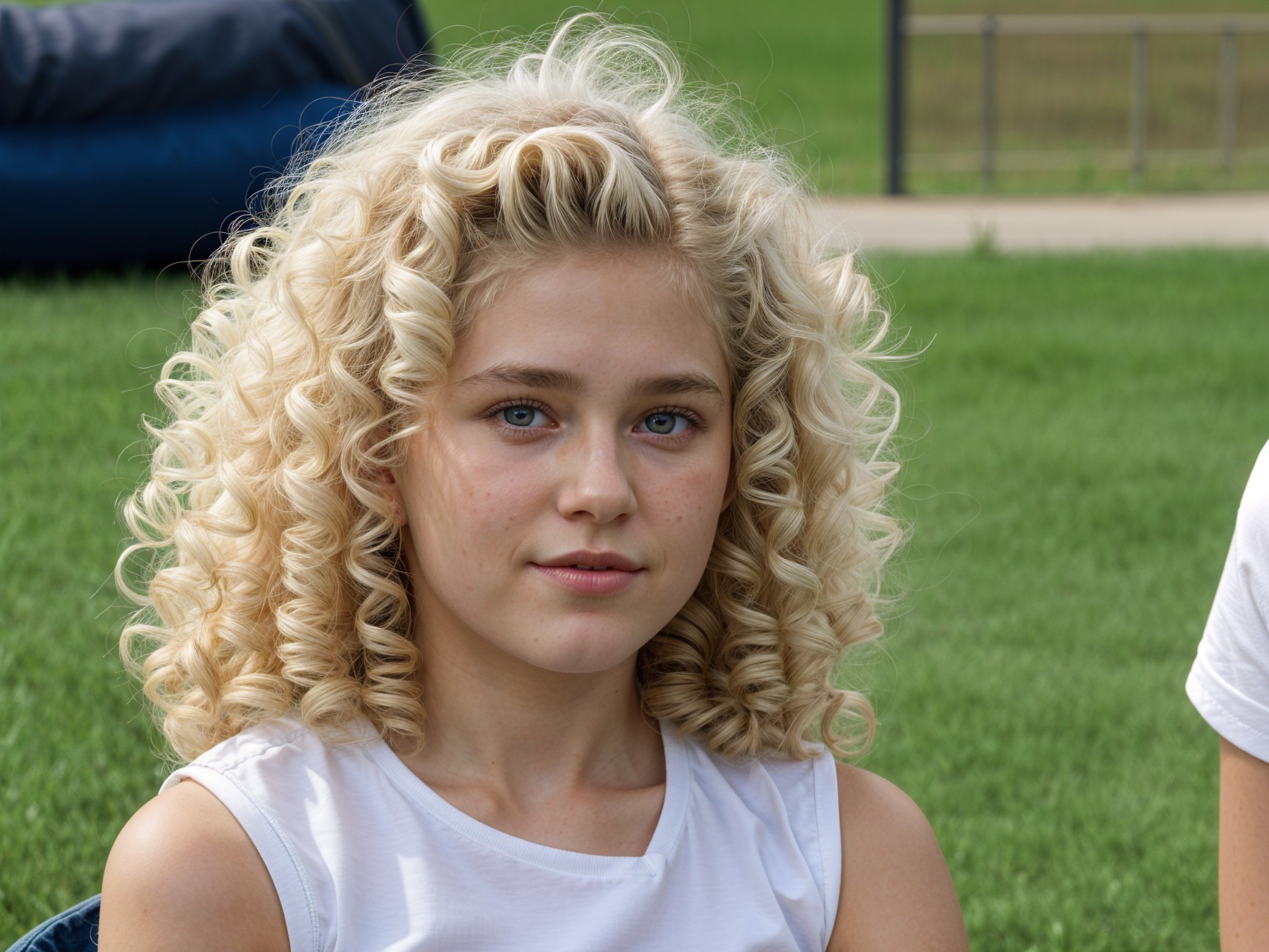 Young girl with curly blonde hair in serene outdoor setting