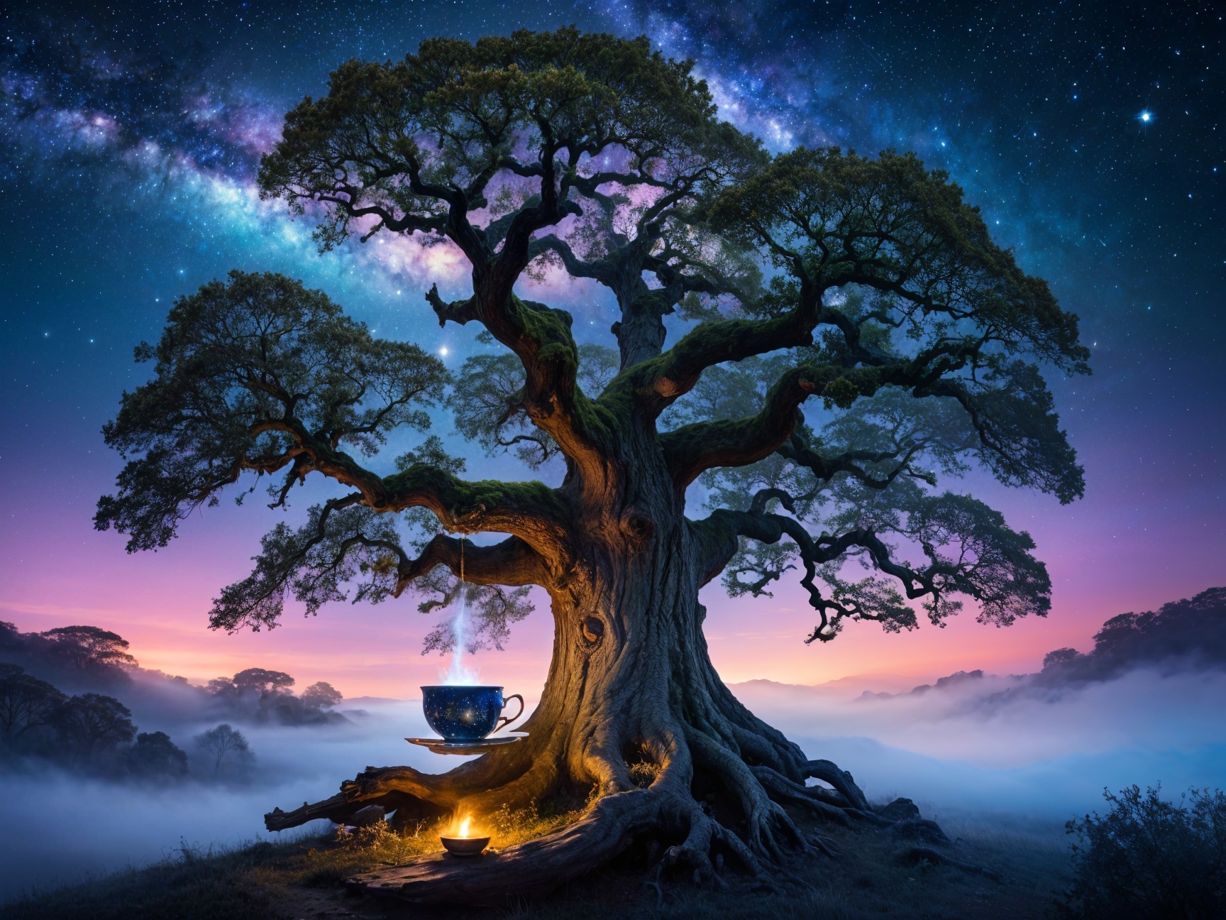 Majestic tree under twilight sky with teacup and flame