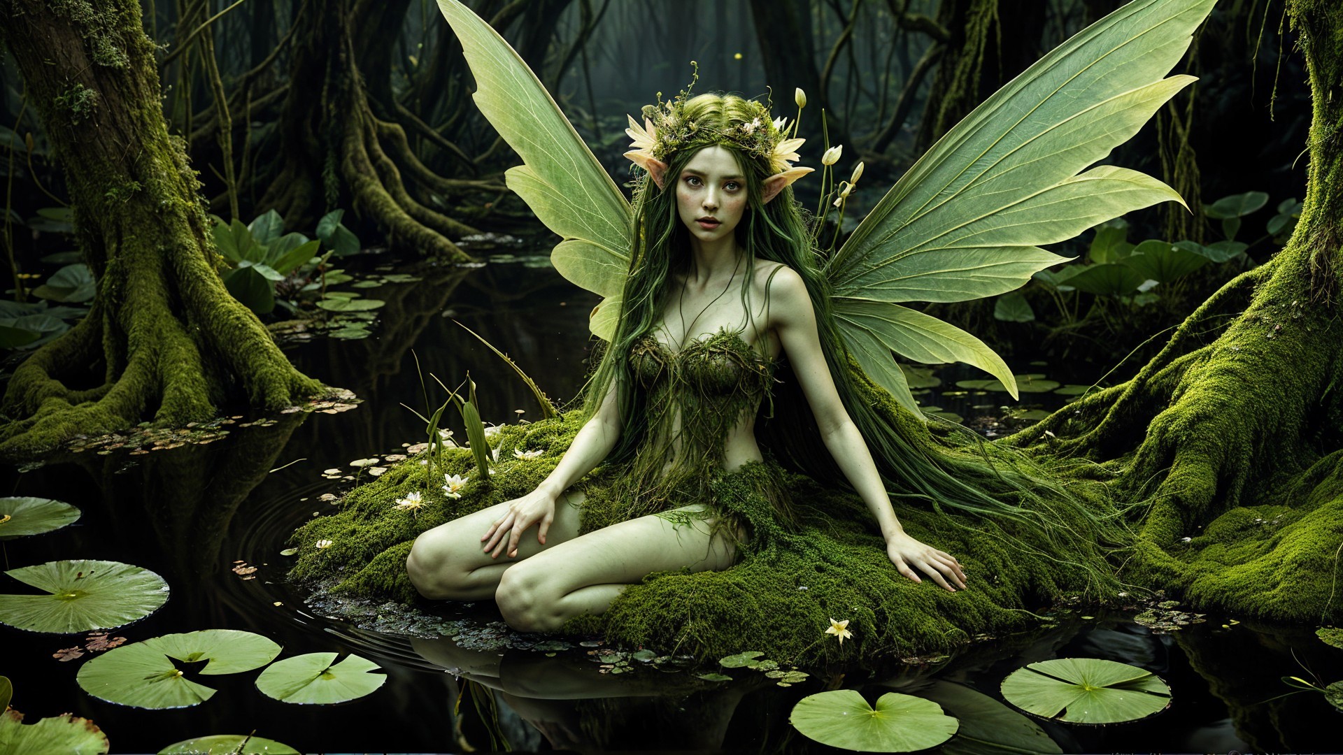Fairy in a Mystical Forest with Leaf-Like Wings