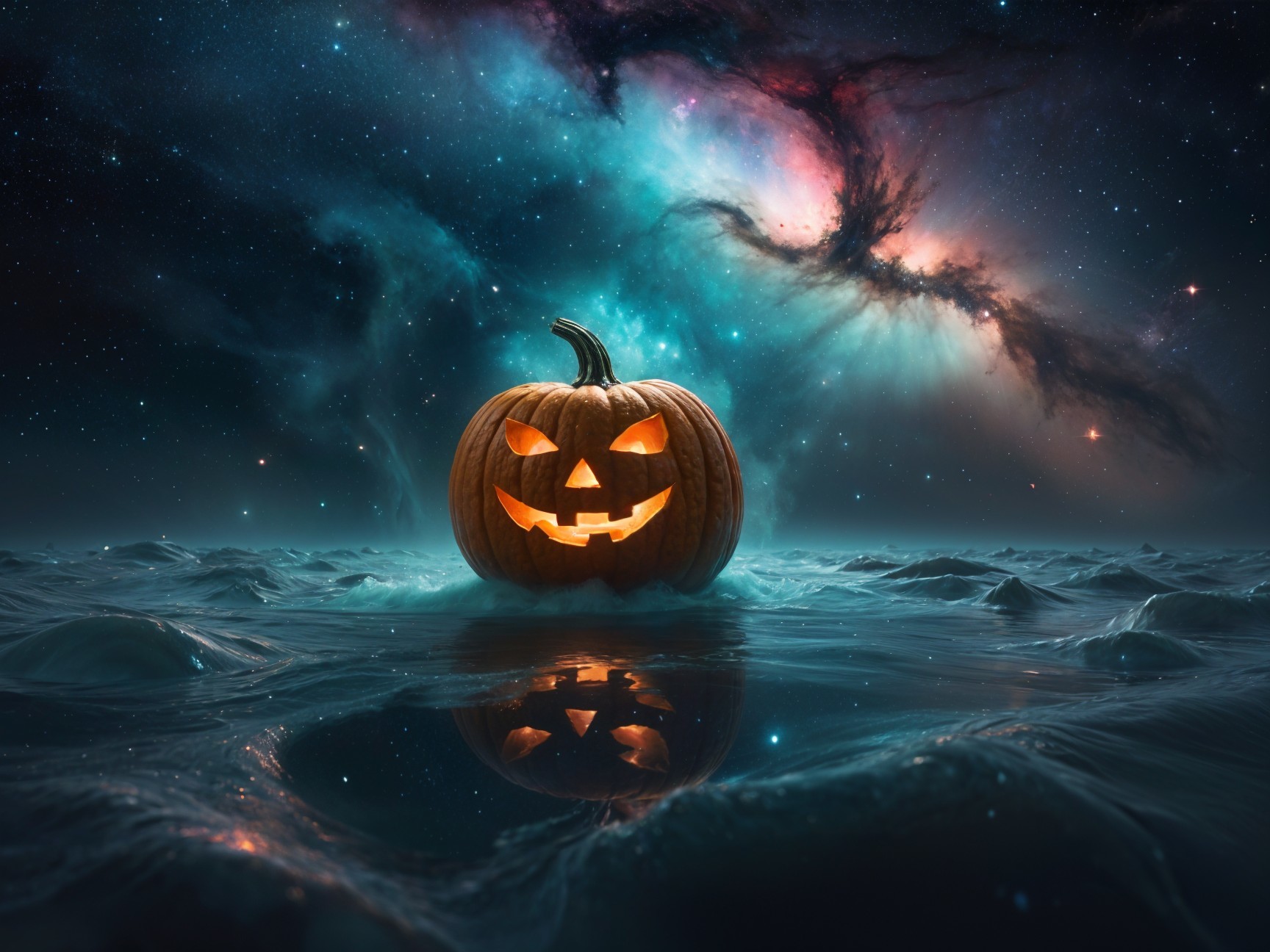Glowing Jack-o'-Lantern on Cosmic Sea with Galaxy