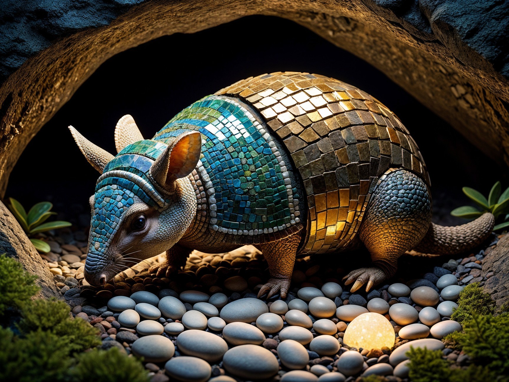 Whimsical Armadillo Sculpture in Cave Setting
