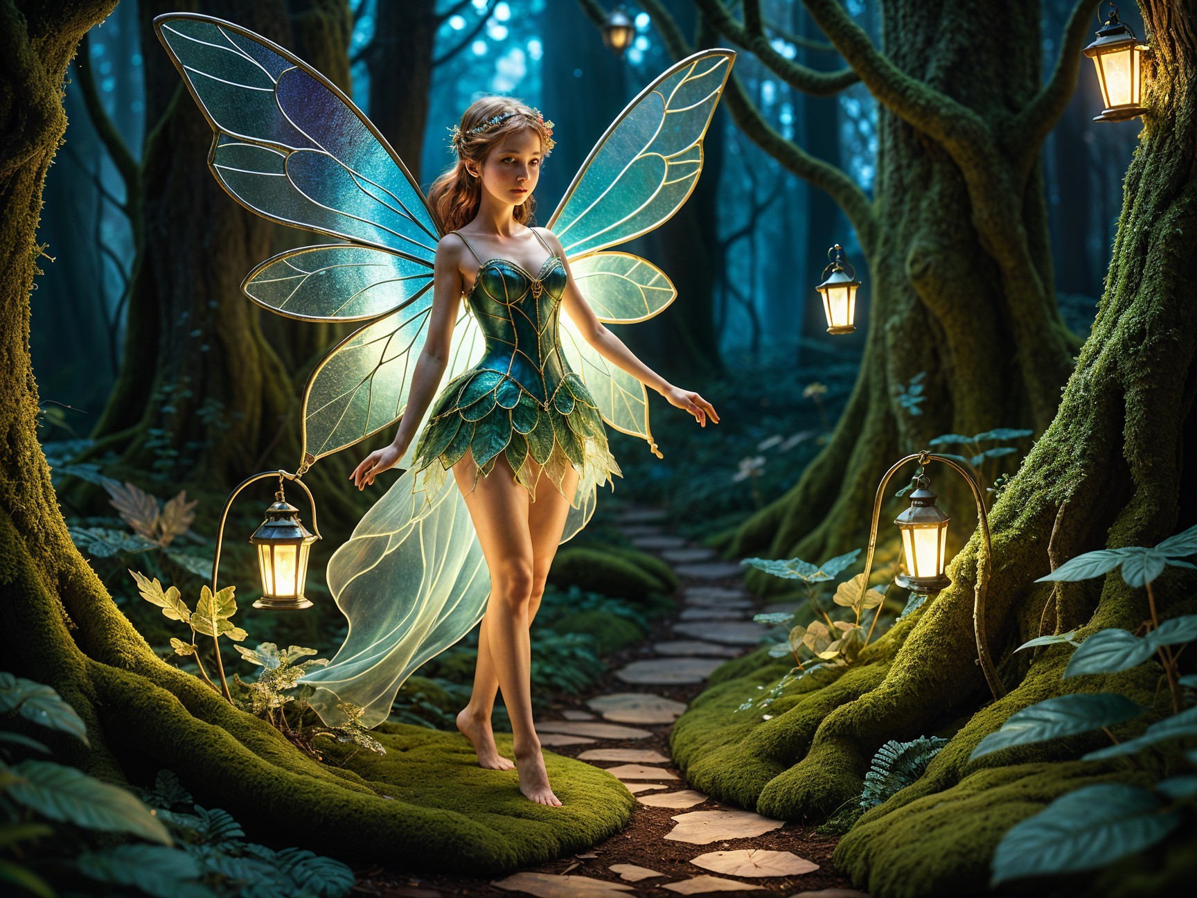Mystical Fairy in Enchanted Forest with Iridescent Wings