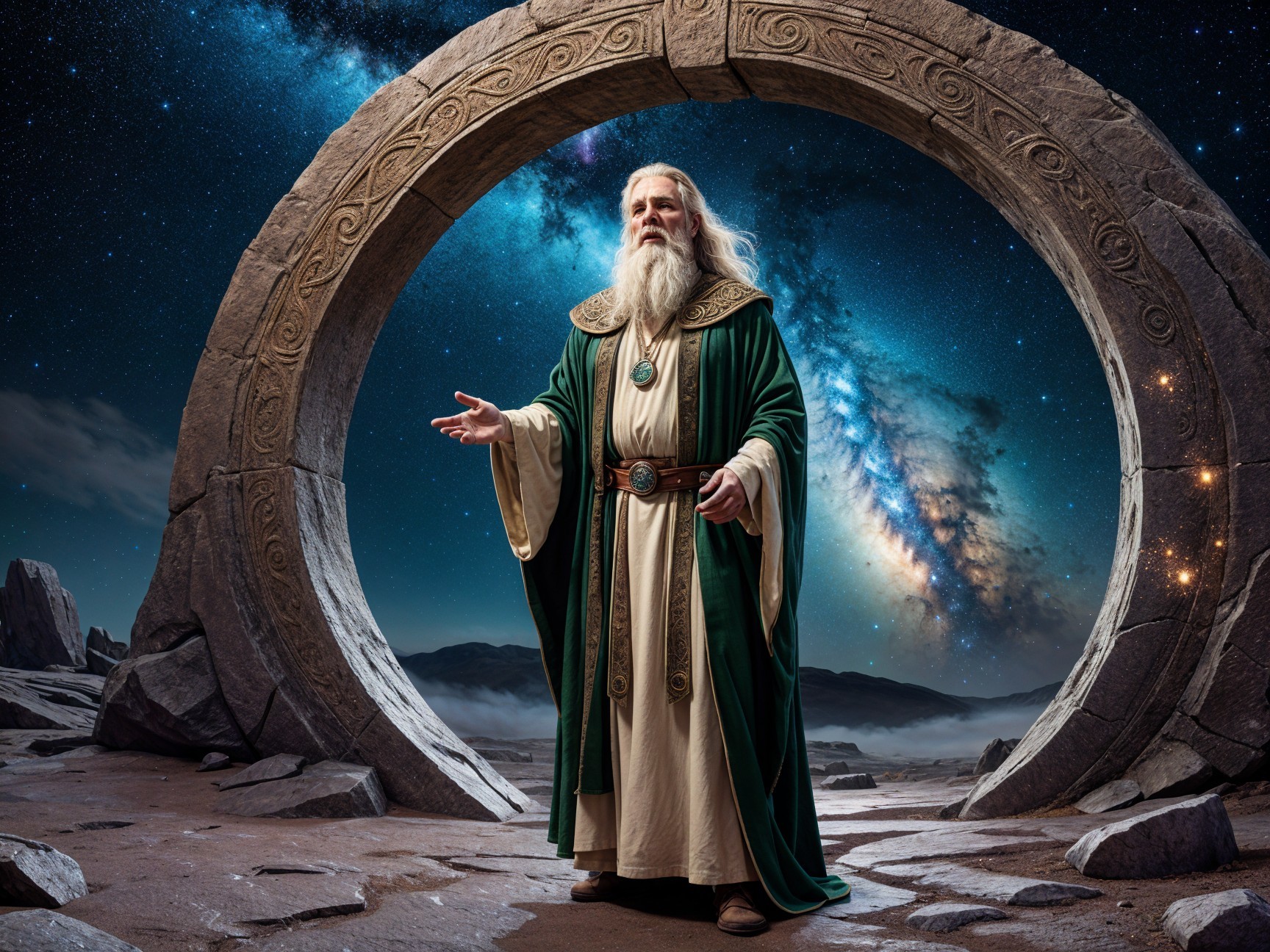 Bearded Figure by Intricate Stone Archway in Cosmic Scene