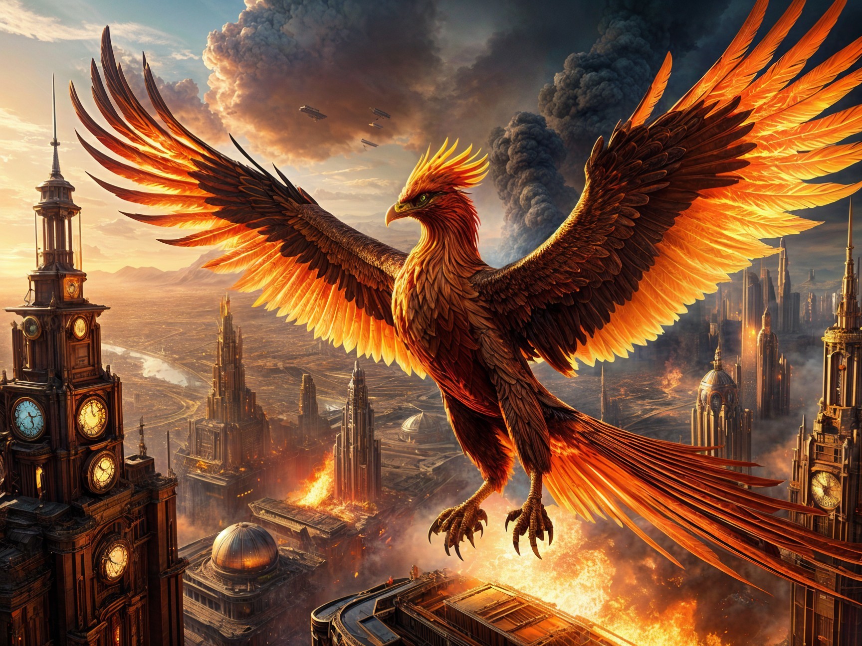 Phoenix in Fiery Sky Above Futuristic Cityscape