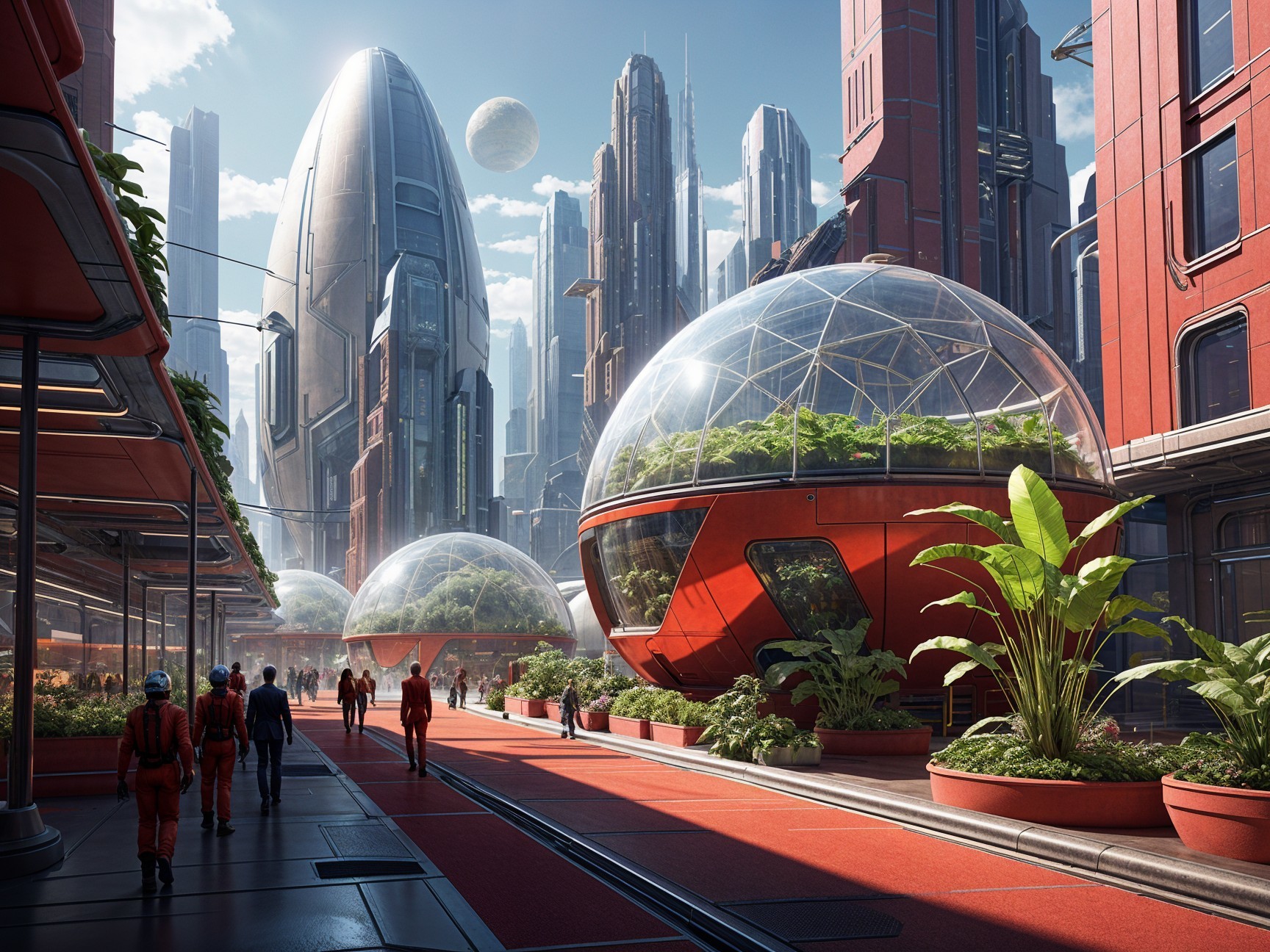 Futuristic cityscape with sleek buildings and greenery