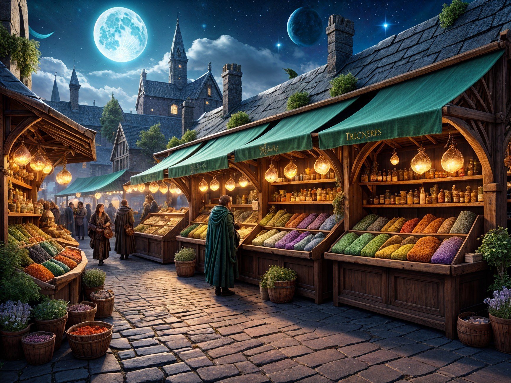 Vibrant Market Scene Under Starry Sky with Rustic Stalls