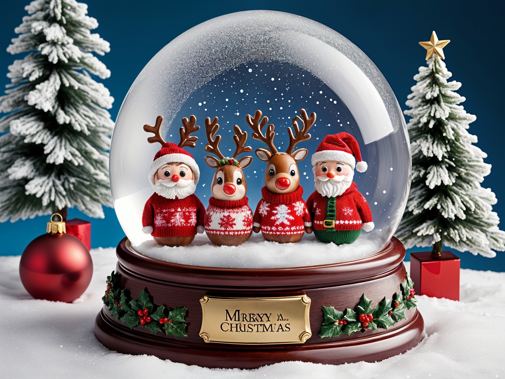 Festive Snow Globe with Santa, Reindeer, and Snowman