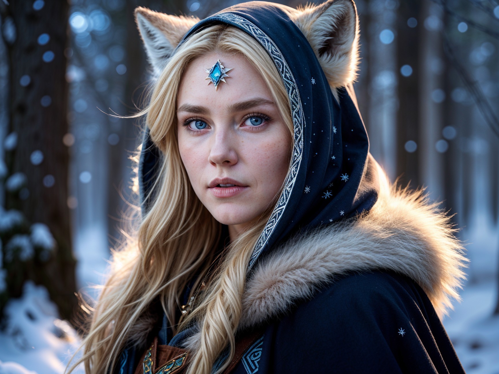 Young Woman in Dark Cloak in Snowy Forest Setting