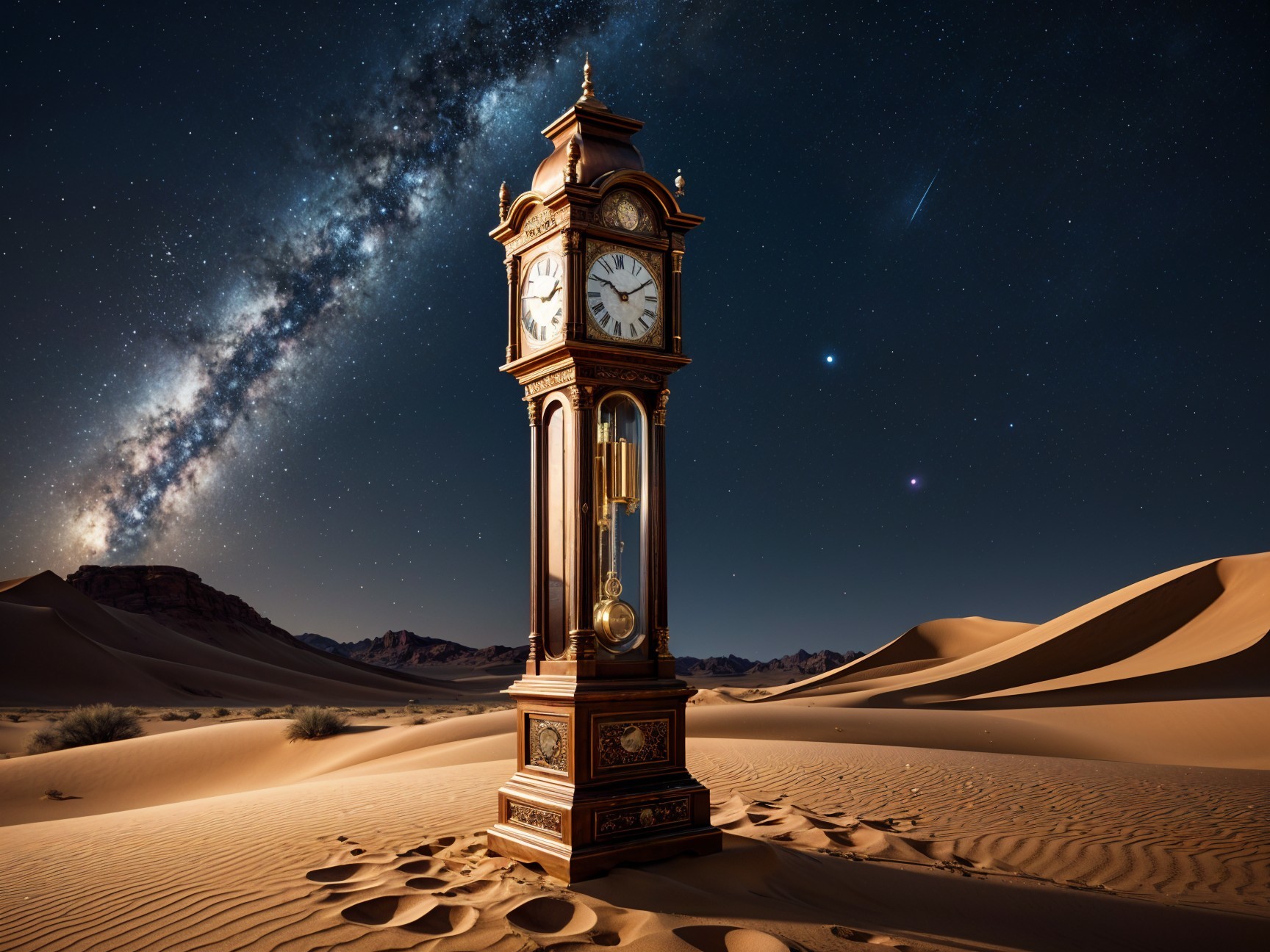 Vintage Grand Clock in Desert Under Starry Sky