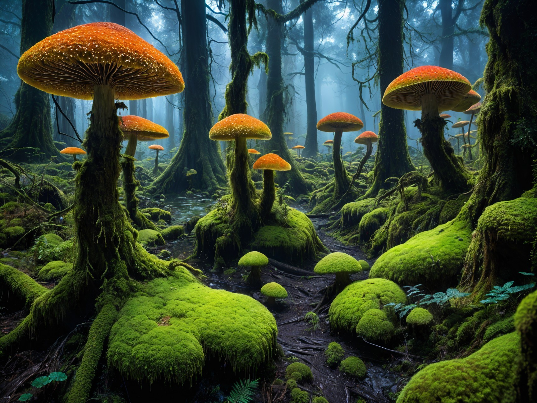 Mystical Forest with Orange-Capped Mushrooms and Moss