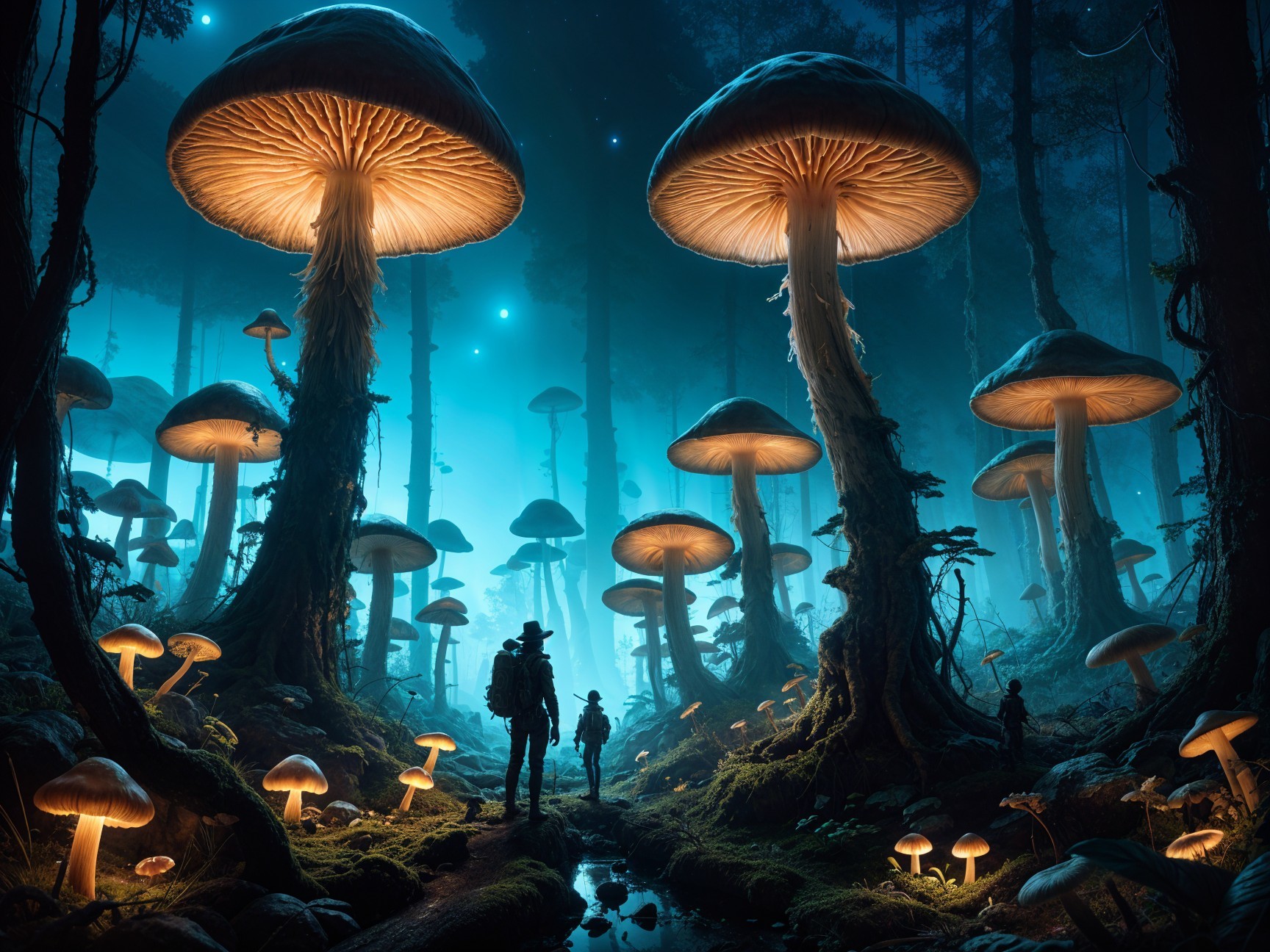 Mystical Forest with Glowing Mushrooms and Stream