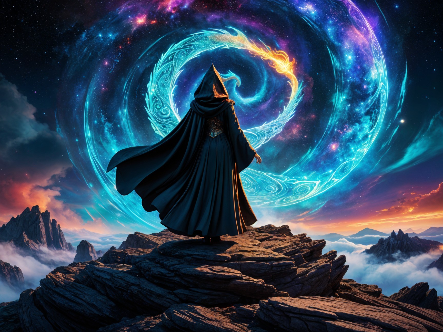 Cloaked Figure Overlooking Vibrant Cosmic Landscape