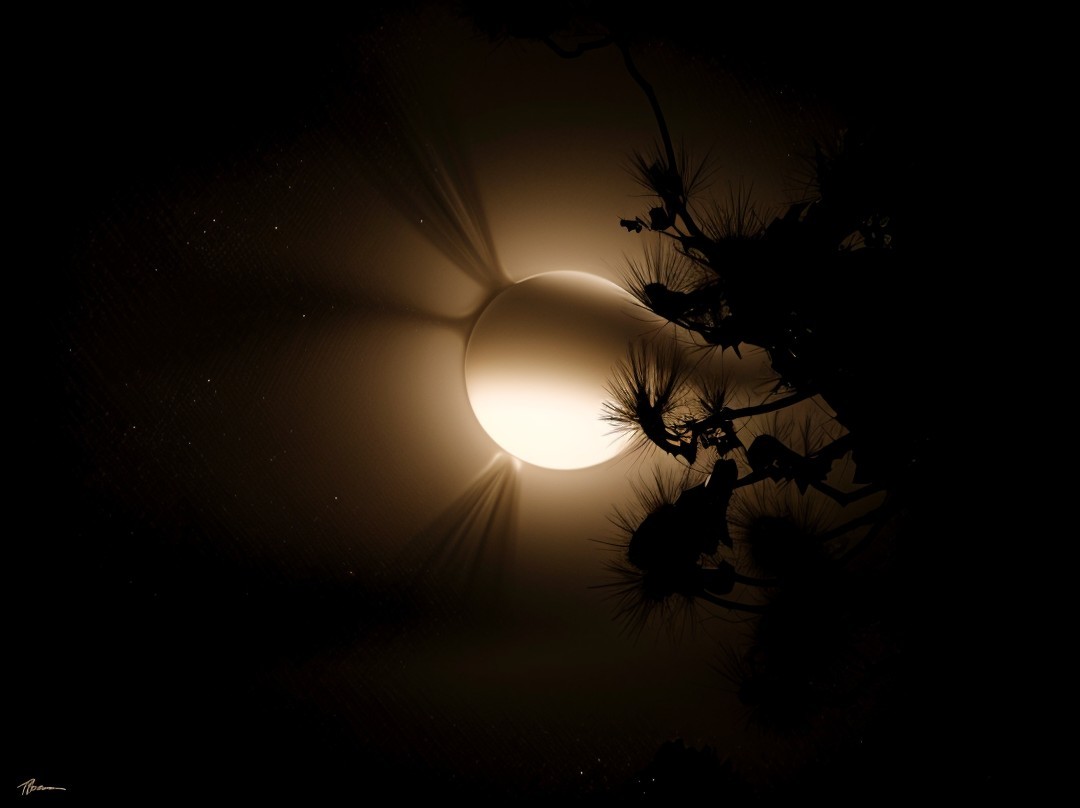 Solar Eclipse with Corona and Silhouetted Trees