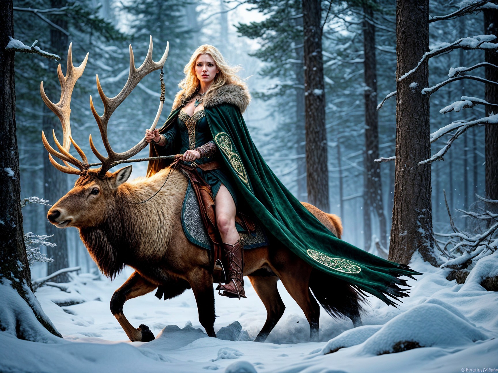 Mythical figure on elk in snowy forest setting