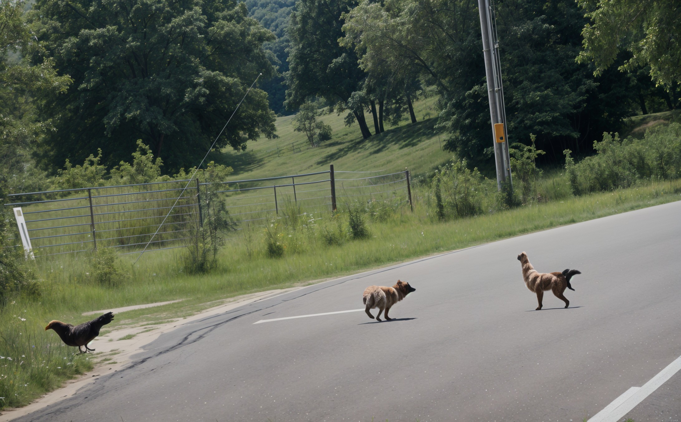Rural Scene of Animals Crossing a Quiet Road