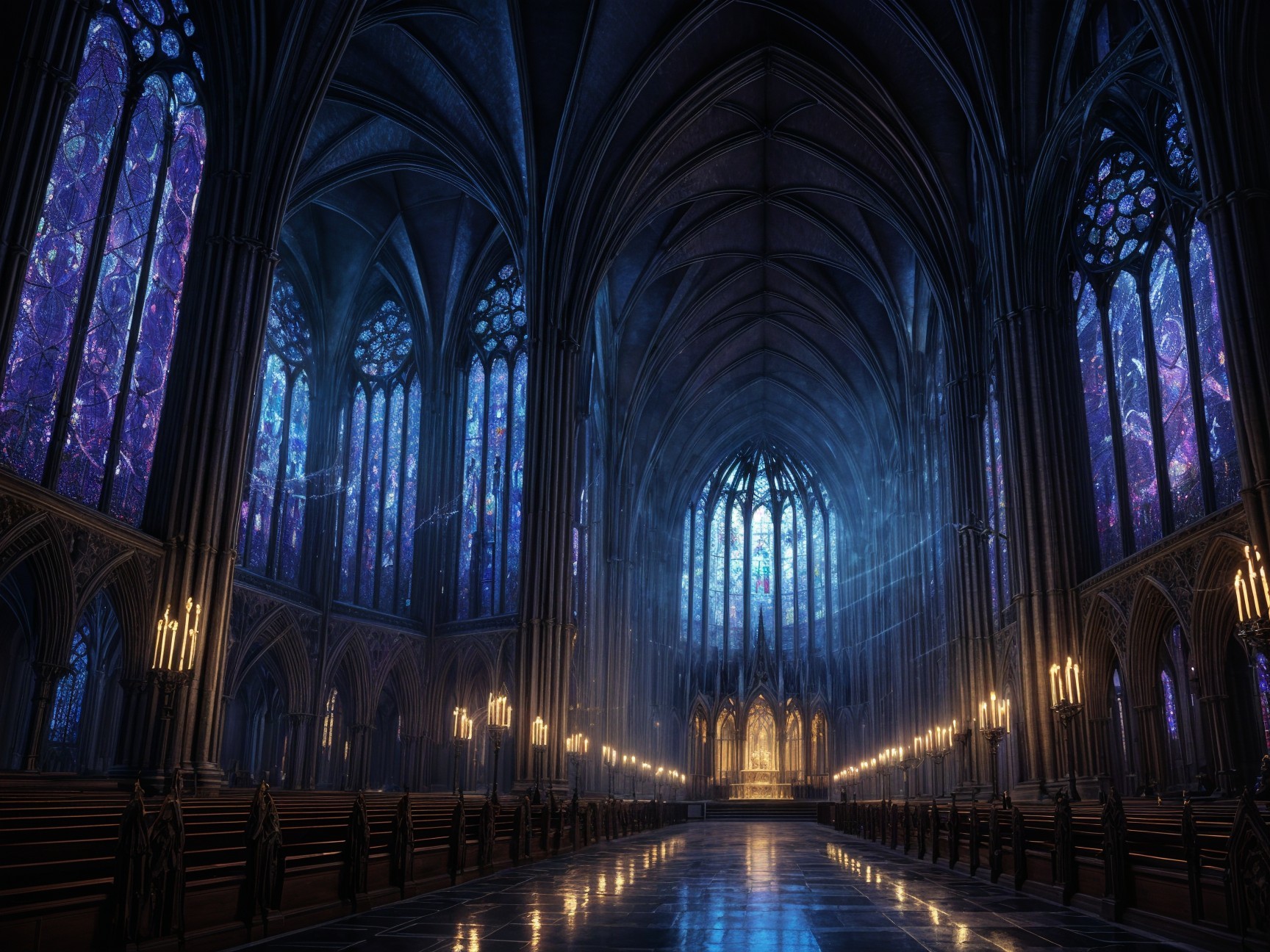 Gothic Cathedral Interior with Stained Glass and Arches