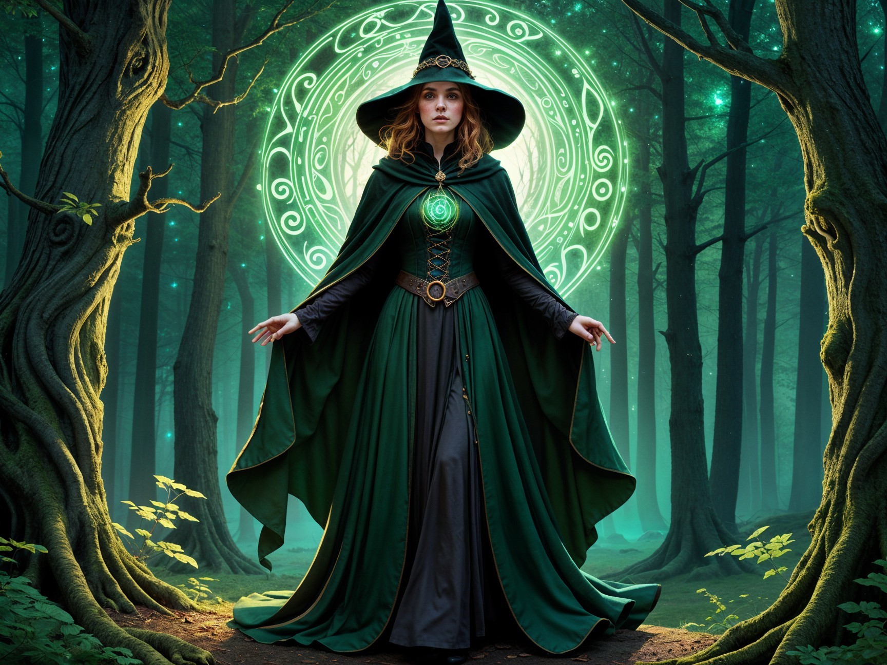 Mystical forest with a sorceress and magical sigil