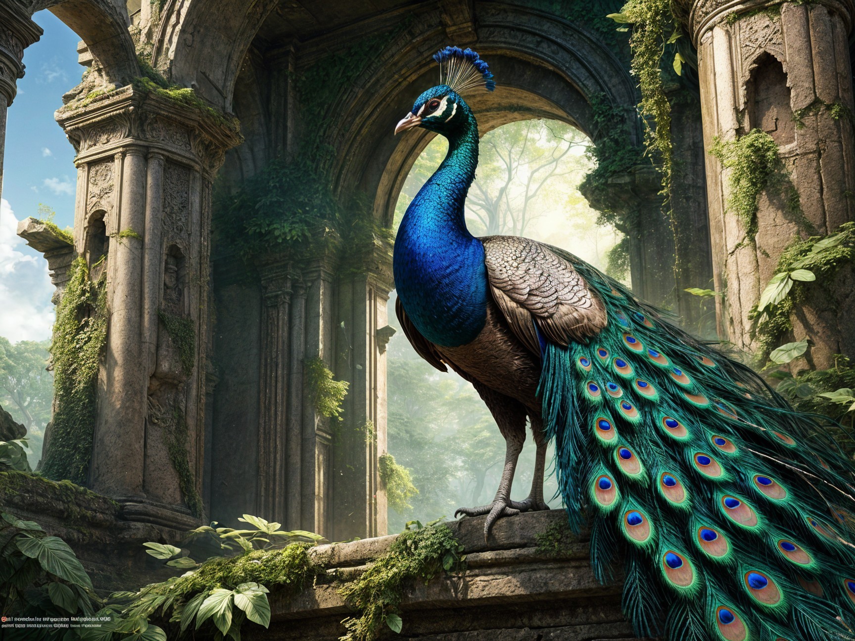 Peacock Displaying Vibrant Plumage Among Ruins