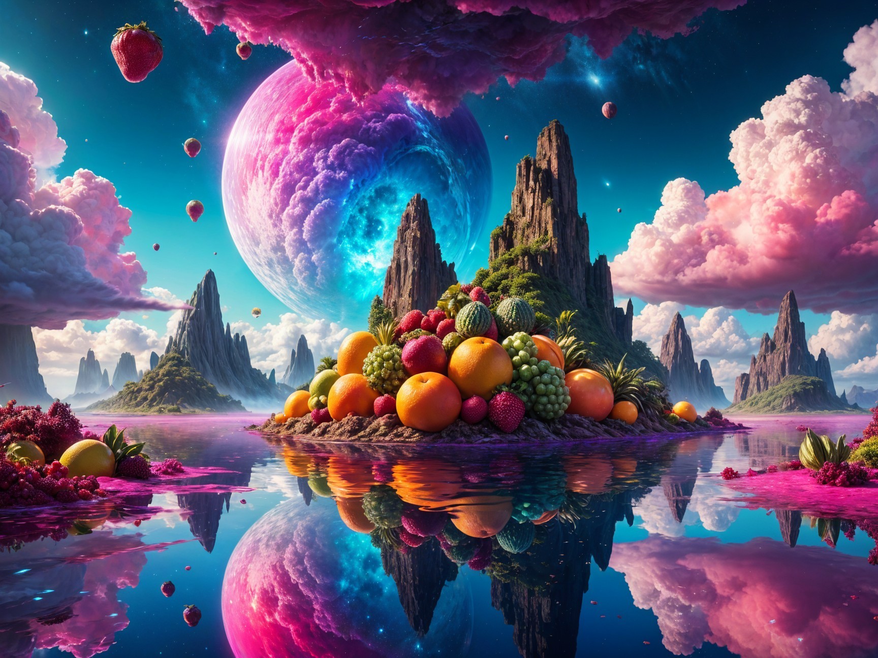 Surreal Landscape with Fruit Mountain and Celestial Bodies
