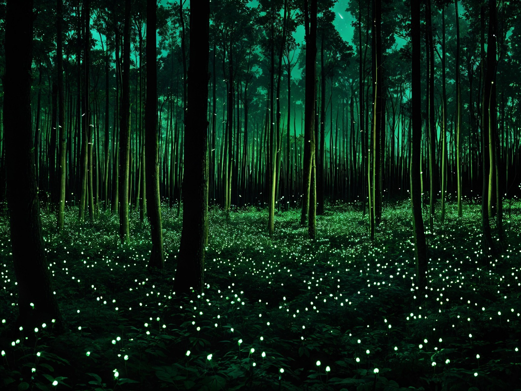 Mystical Forest Scene with Glowing Fireflies