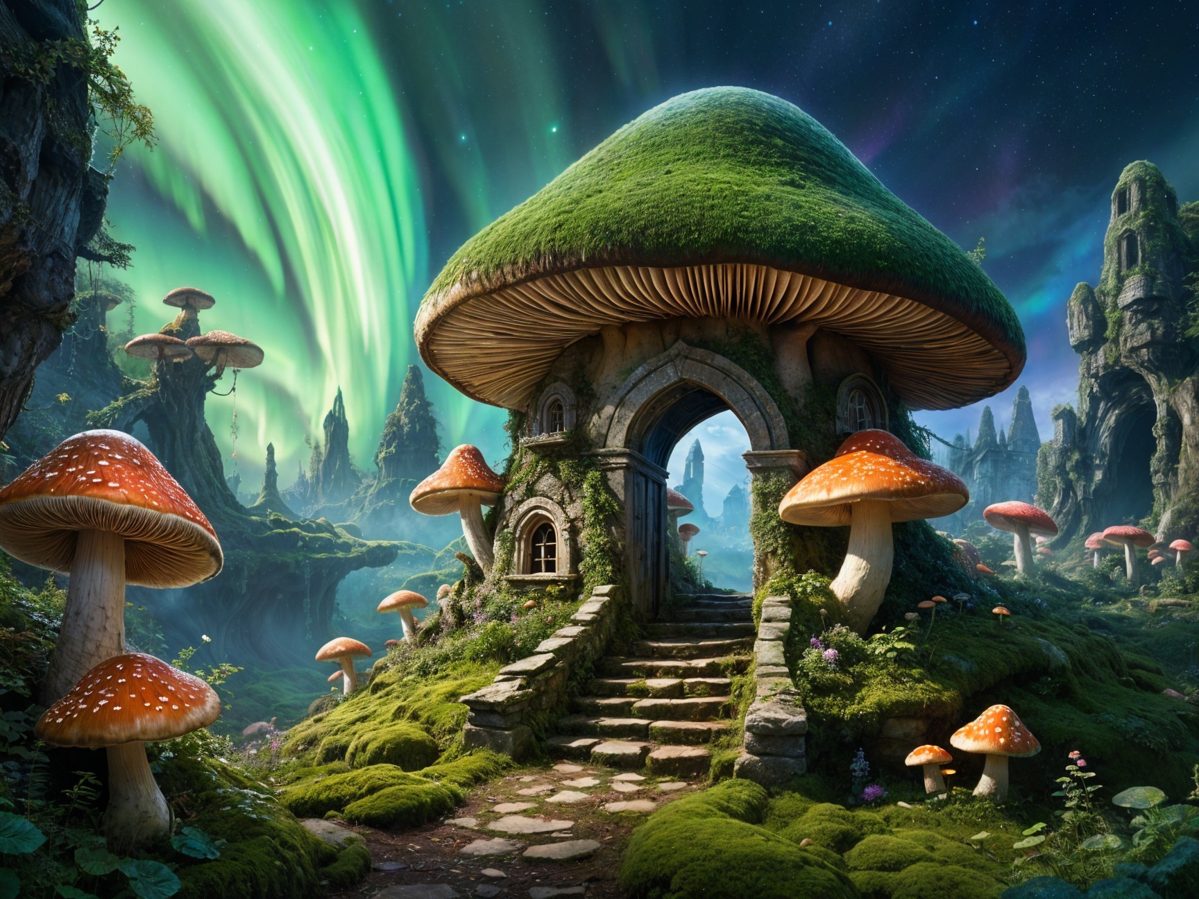 Enchanted landscape with mushroom house and aurora borealis