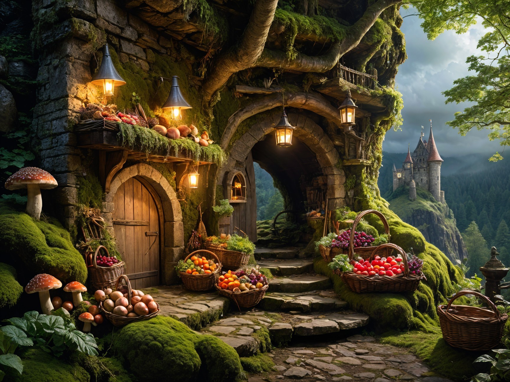 Enchanted Garden Entrance with Stone Archways and Lanterns