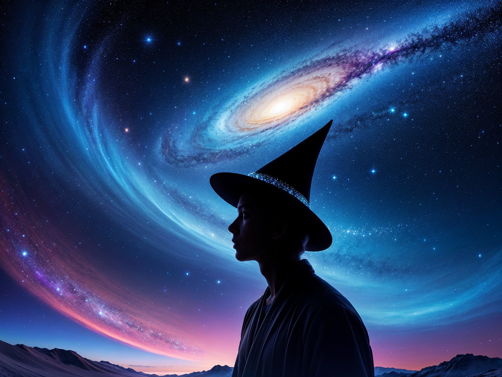 Silhouette of a Witch Hat Against Cosmic Background