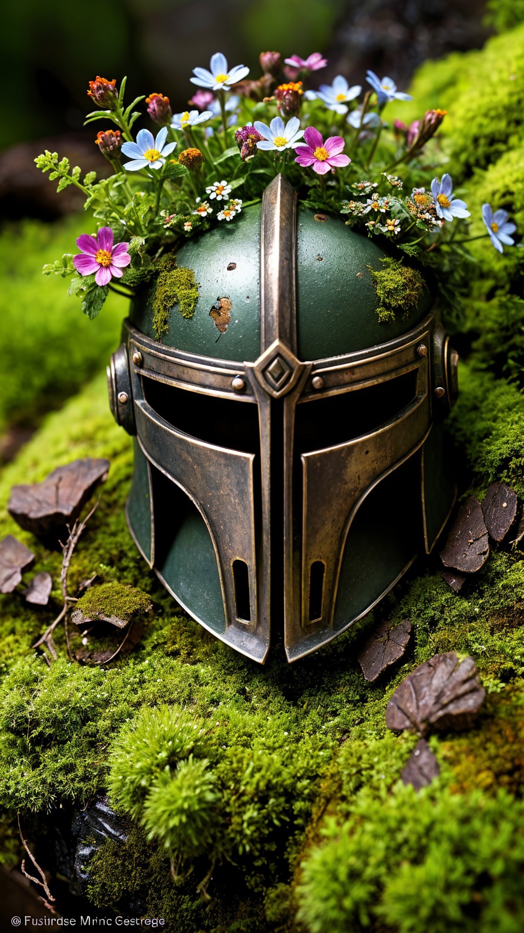 Medieval Helmet Decorated with Flowers on Moss