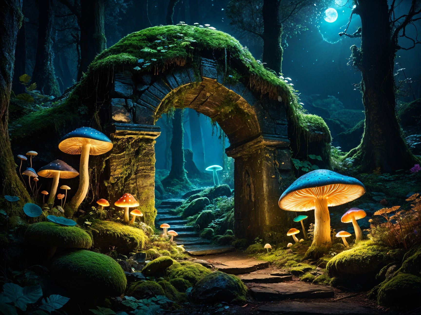 Mystical forest scene with stone archway and mushrooms
