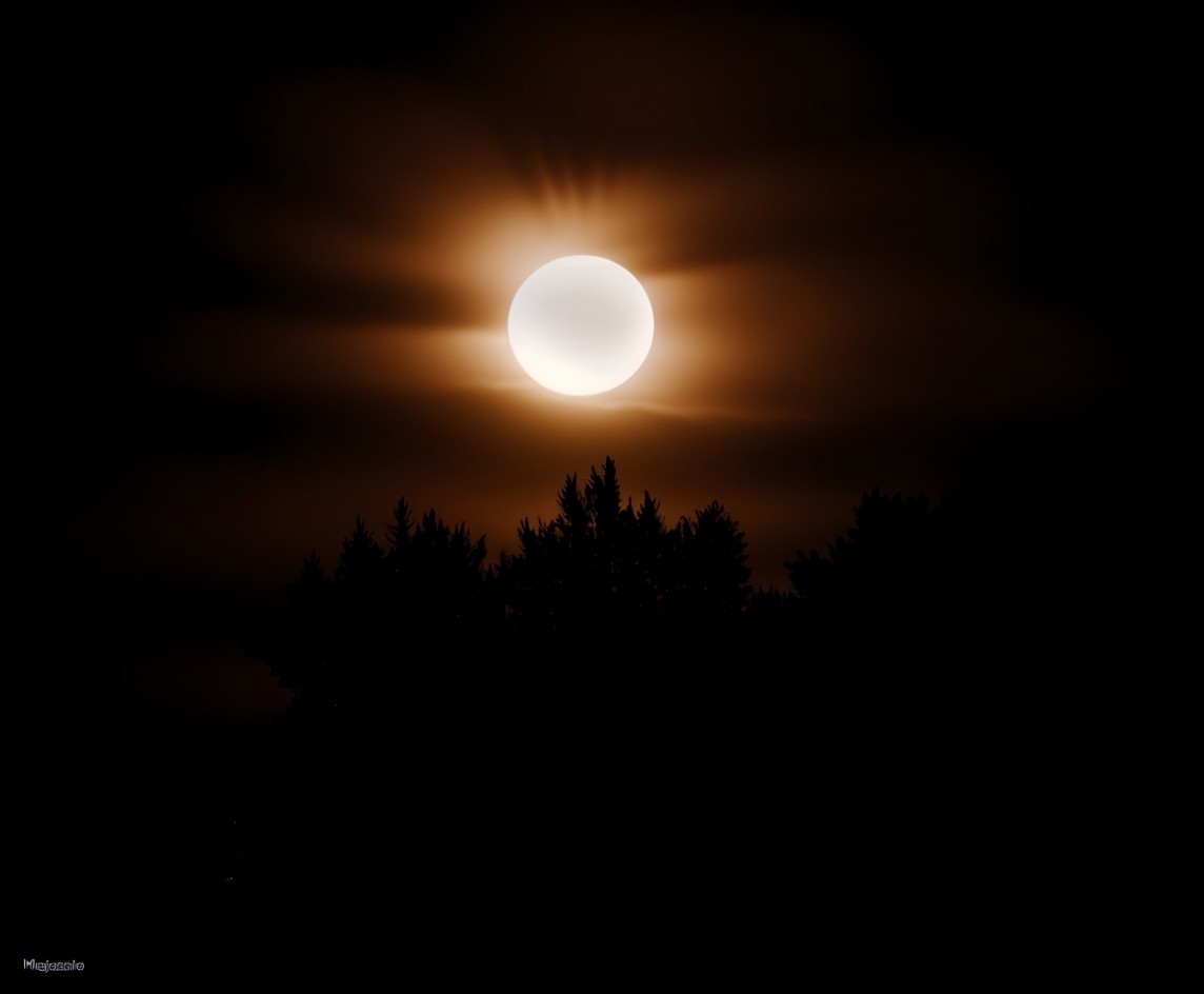 Bright Full Moon Surrounded by Glowing Clouds and Trees