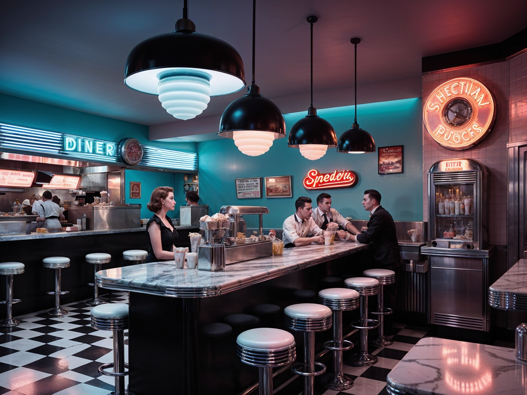 Retro Diner Scene with Chrome Stools and Neon Lights
