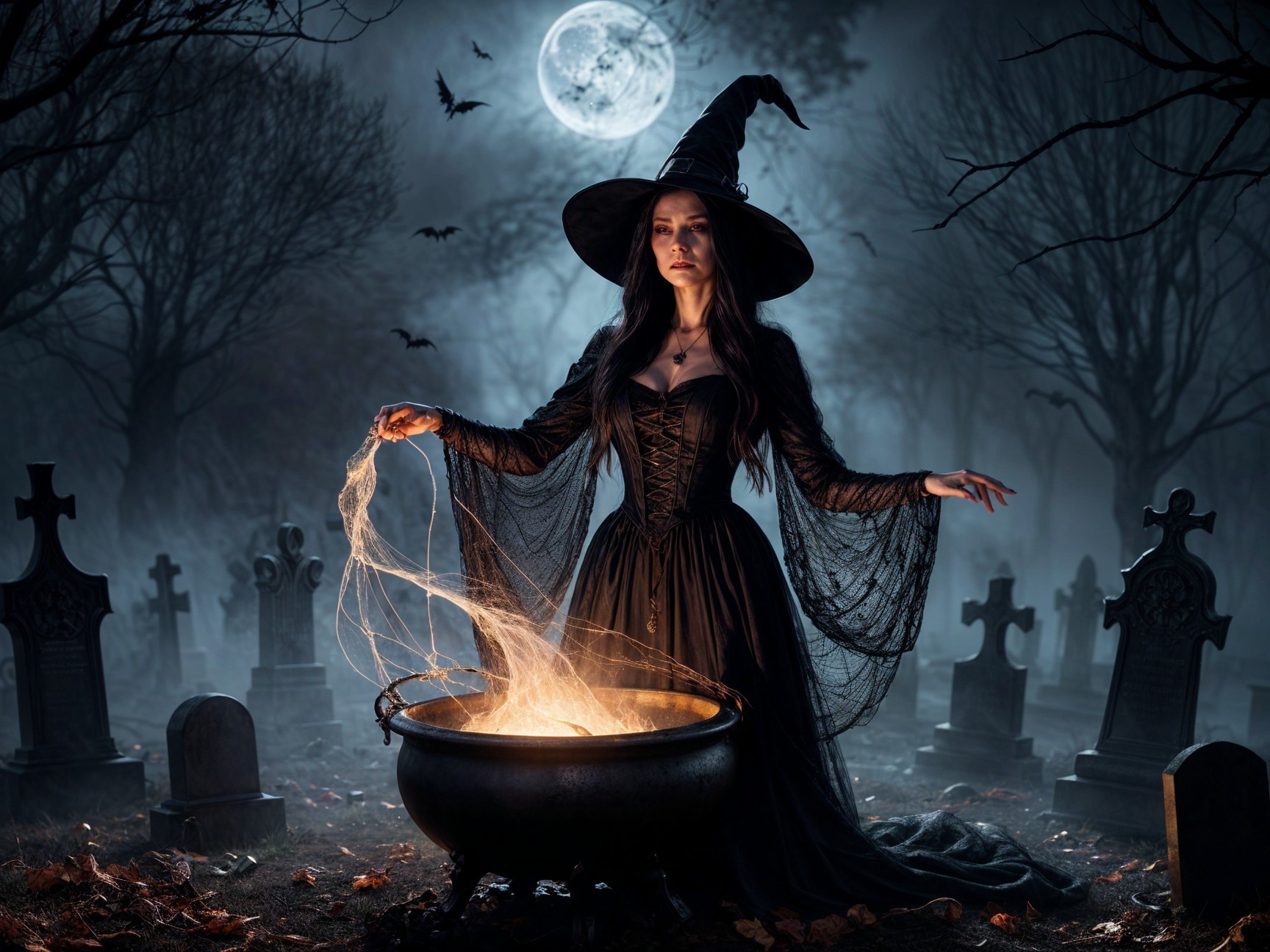 Mysterious Witch in Foggy Graveyard with Cauldron