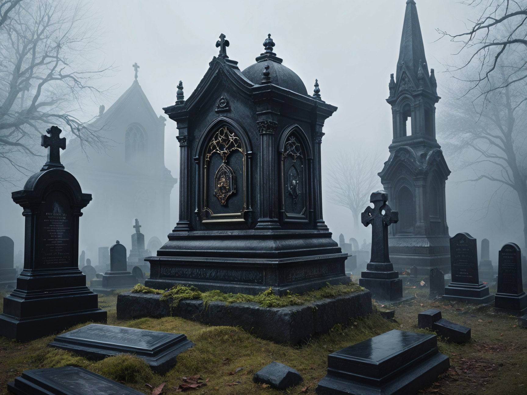Atmospheric Graveyard with Fog and Gothic Mausoleum