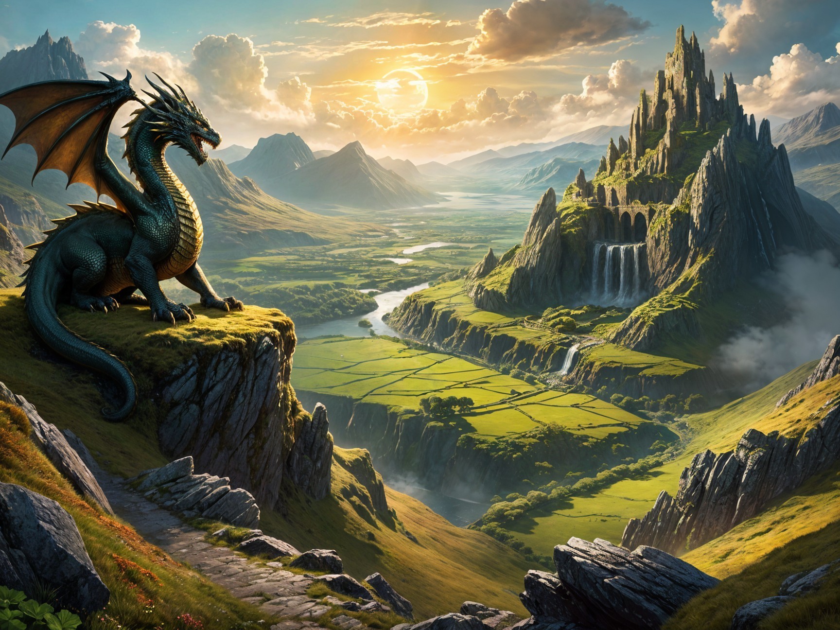 Majestic dragon overlooking a sunset landscape with castle