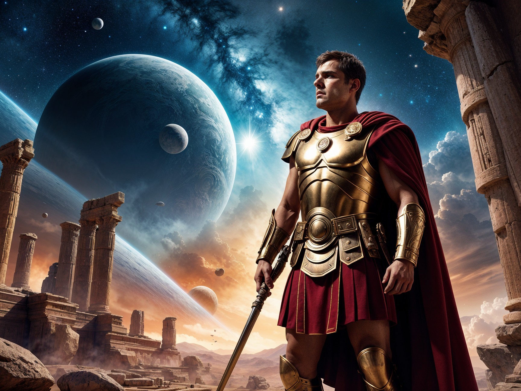 Heroic Figure in Ancient Armor Over Cosmic Landscape