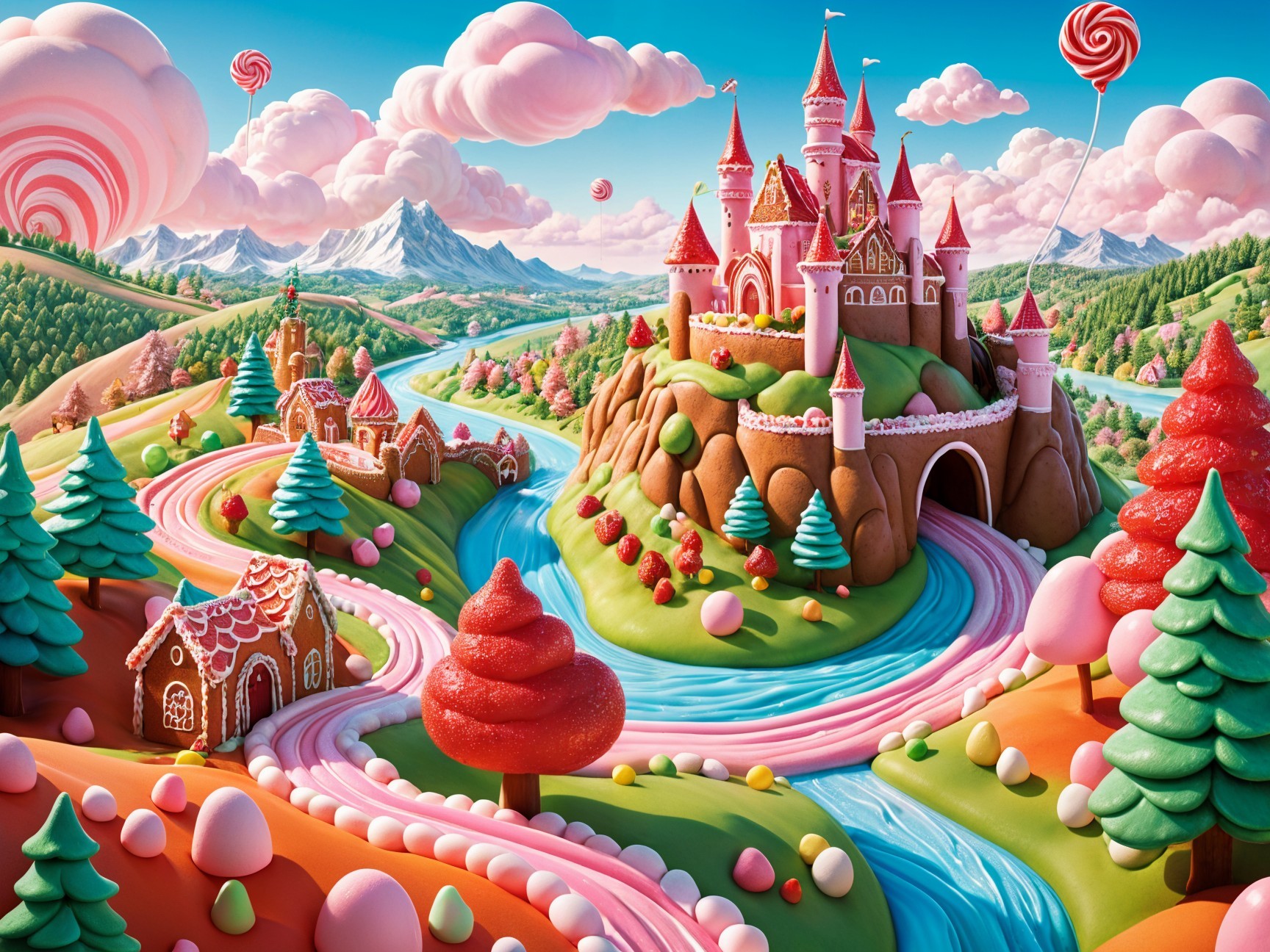 Whimsical Candy Kingdom with Colorful Landscape and Castle