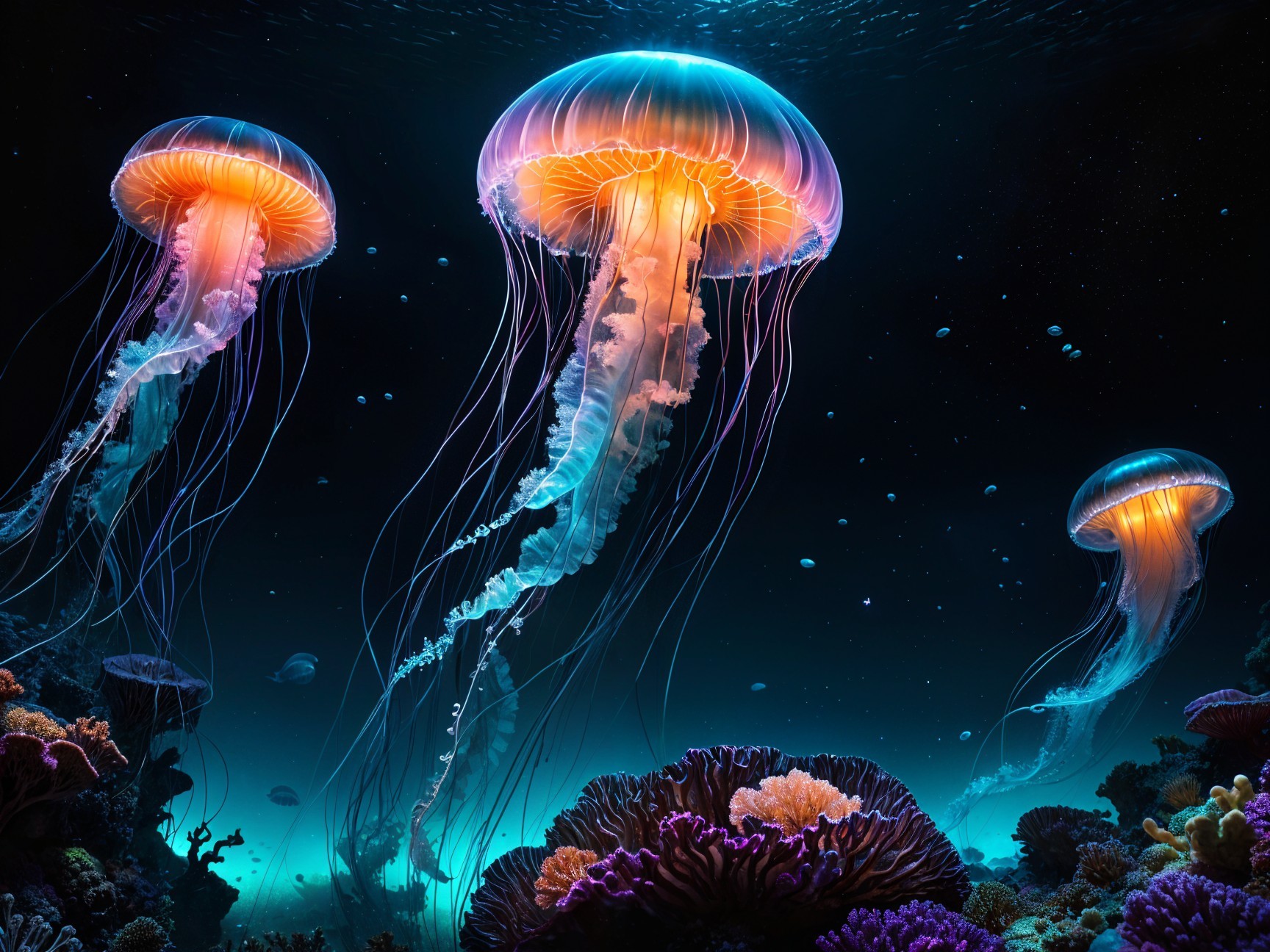 Underwater Scene with Luminous Jellyfish and Coral