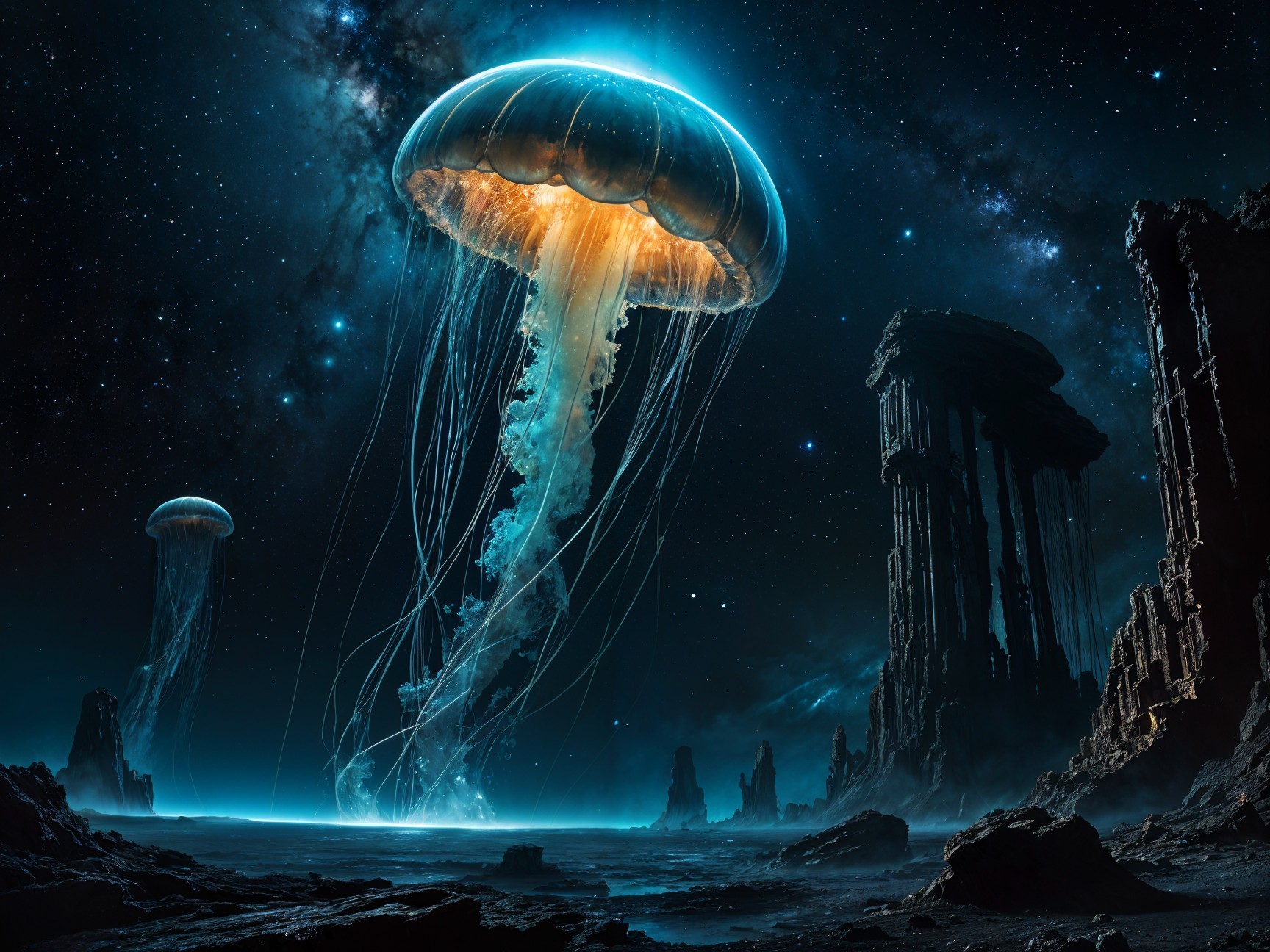 Surreal Cosmic Landscape with Luminous Jellyfish