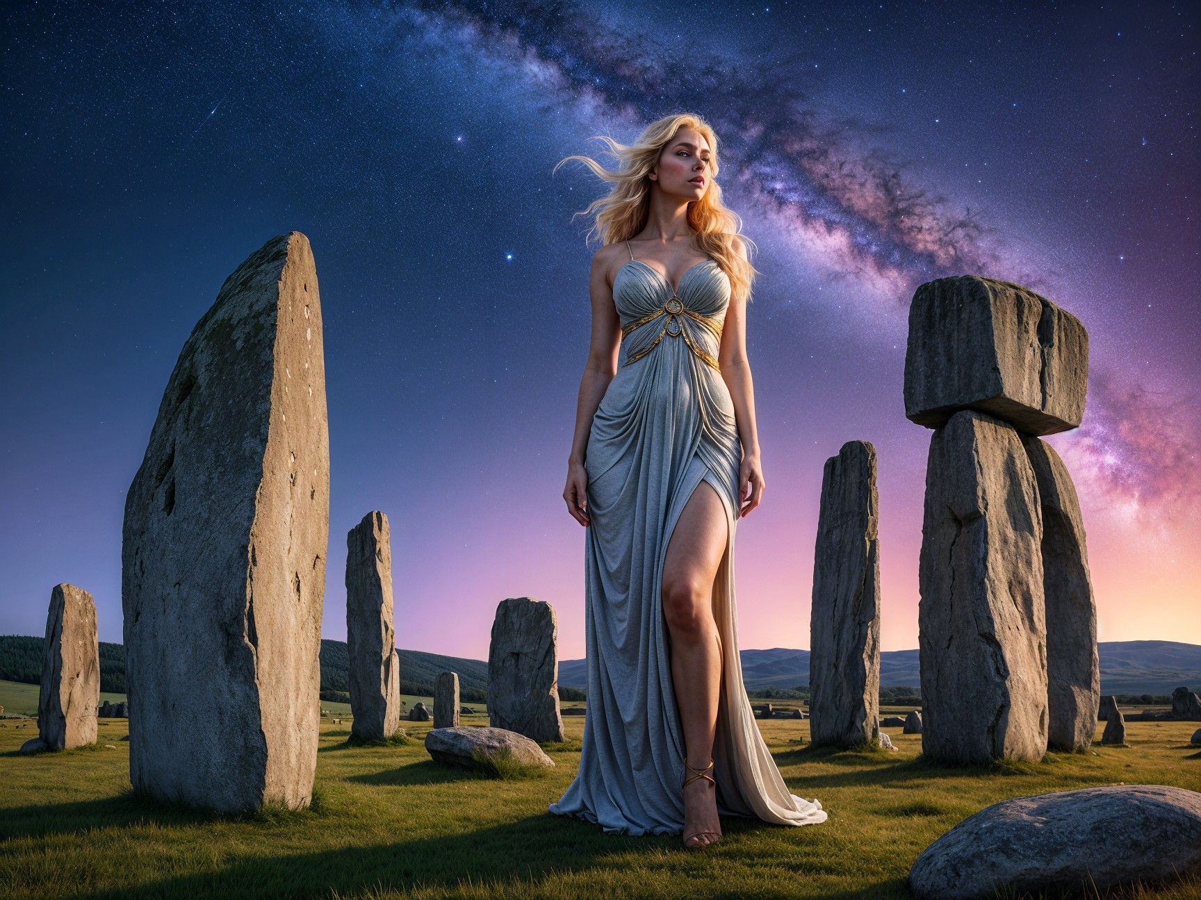 Elegant woman in silver gown under starry sky